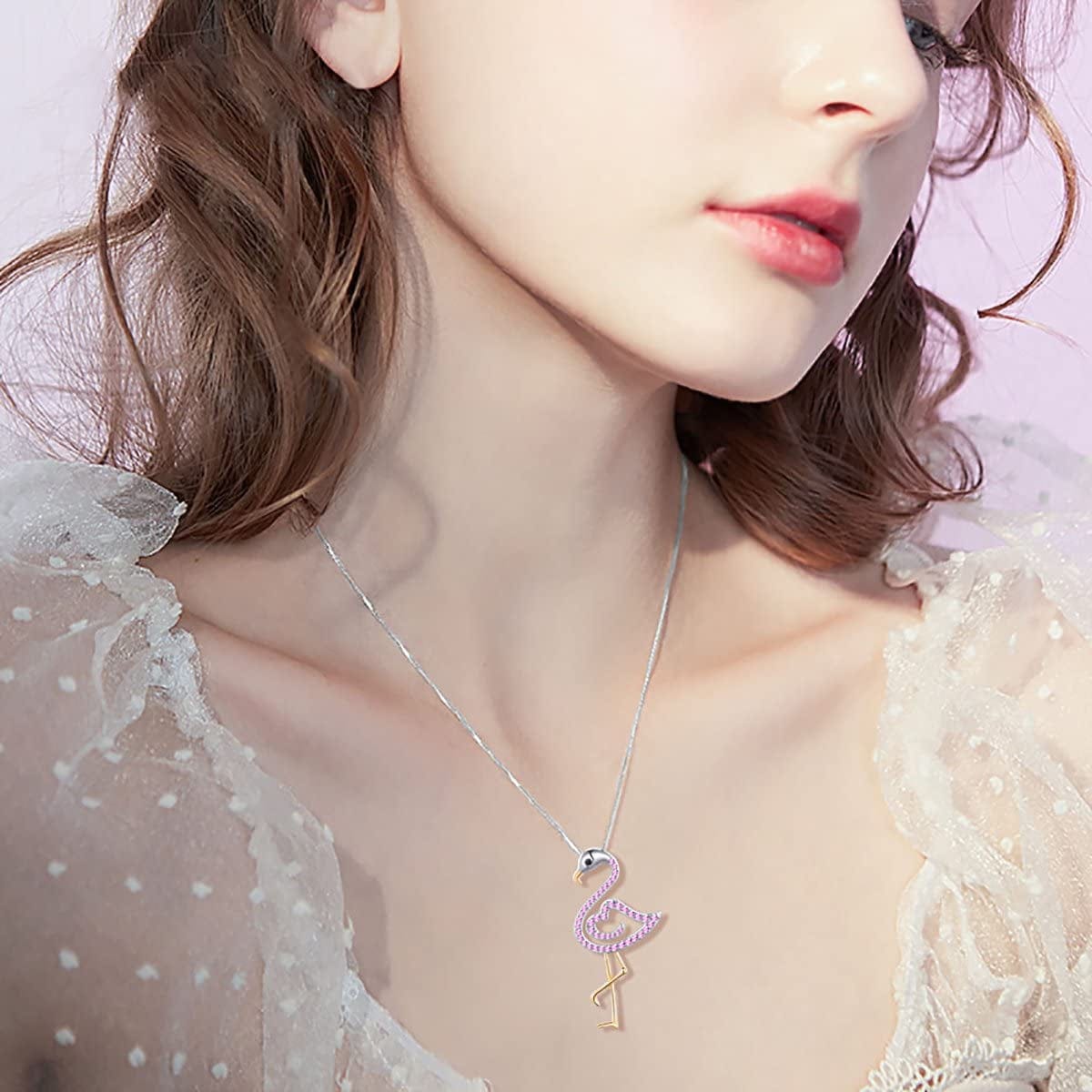 FLYOW Two Tone S925 Sterling Silver Bird Pendant Pink Flamingo Love Heart Pendant Necklace for Women Ladies Teen Girls Birthday Gifts