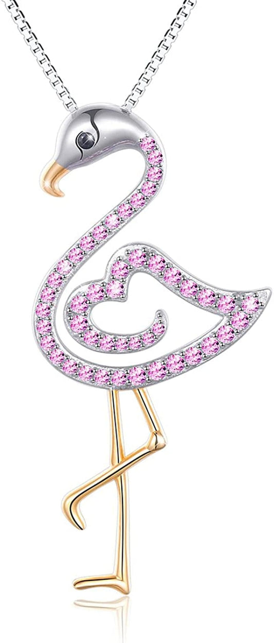 FLYOW Two Tone S925 Sterling Silver Bird Pendant Pink Flamingo Love Heart Pendant Necklace for Women Ladies Teen Girls Birthday Gifts