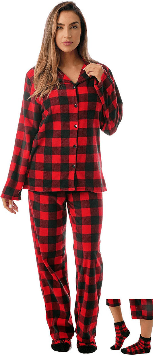 #followme Printed Microfleece Button Front PJ Pant Set with Socks Apparel & Accessories > Clothing > Sleepwear & Loungewear > Pajamas #followme Red Black - Buffalo Plaid Small