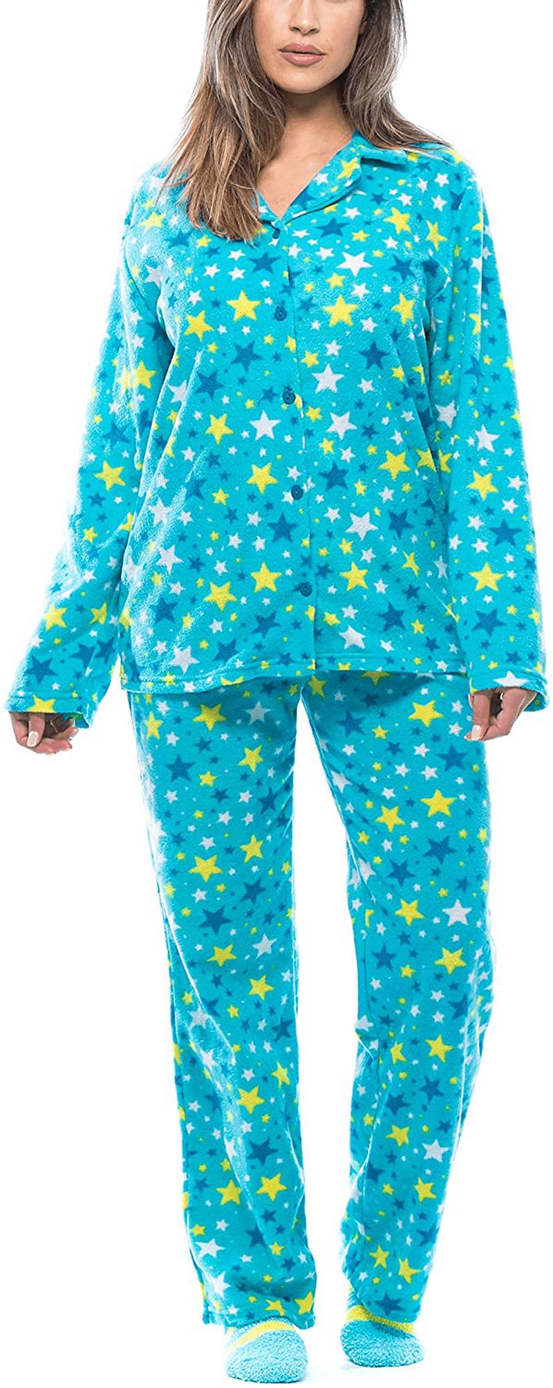 #followme Printed Microfleece Button Front PJ Pant Set with Socks Apparel & Accessories > Clothing > Sleepwear & Loungewear > Pajamas #followme Blue - Starry Small