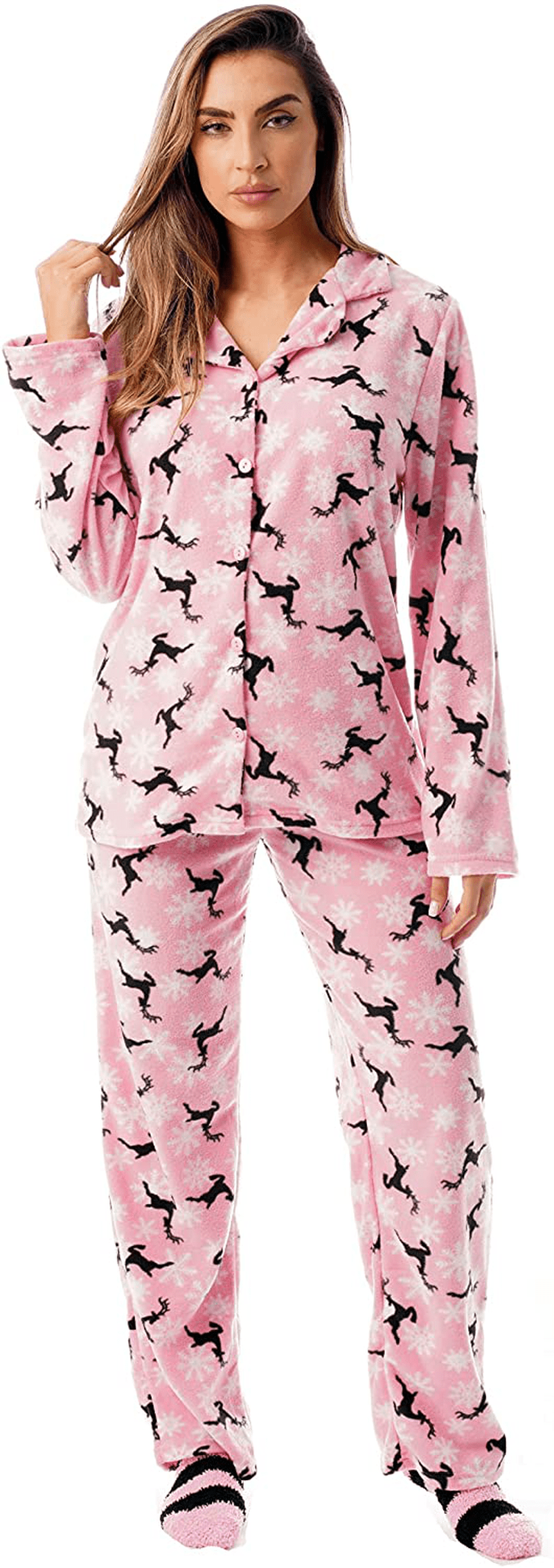 #followme Printed Microfleece Button Front PJ Pant Set with Socks Apparel & Accessories > Clothing > Sleepwear & Loungewear > Pajamas #followme Pink - Snowflake Prancer X-Large