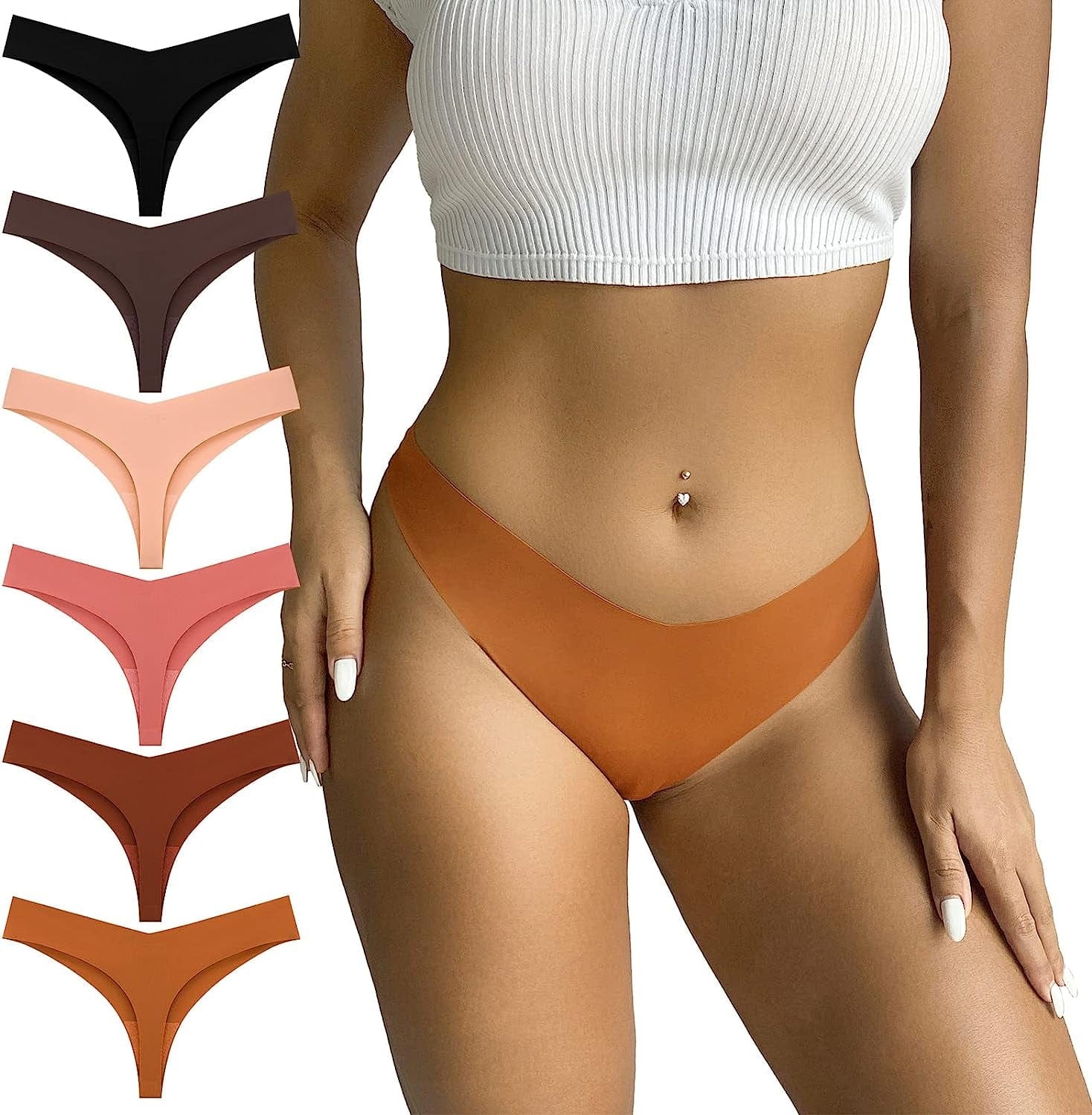 FOOT of the TREE 6 Pack Seamless Thongs for Women No Show Underwear Low Rise Hipster Panties Pack Mix1 / Large