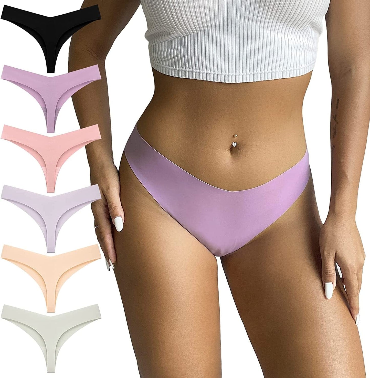 FOOT of the TREE 6 Pack Seamless Thongs for Women No Show Underwear Low Rise Hipster Panties Pack Mix2 / Large
