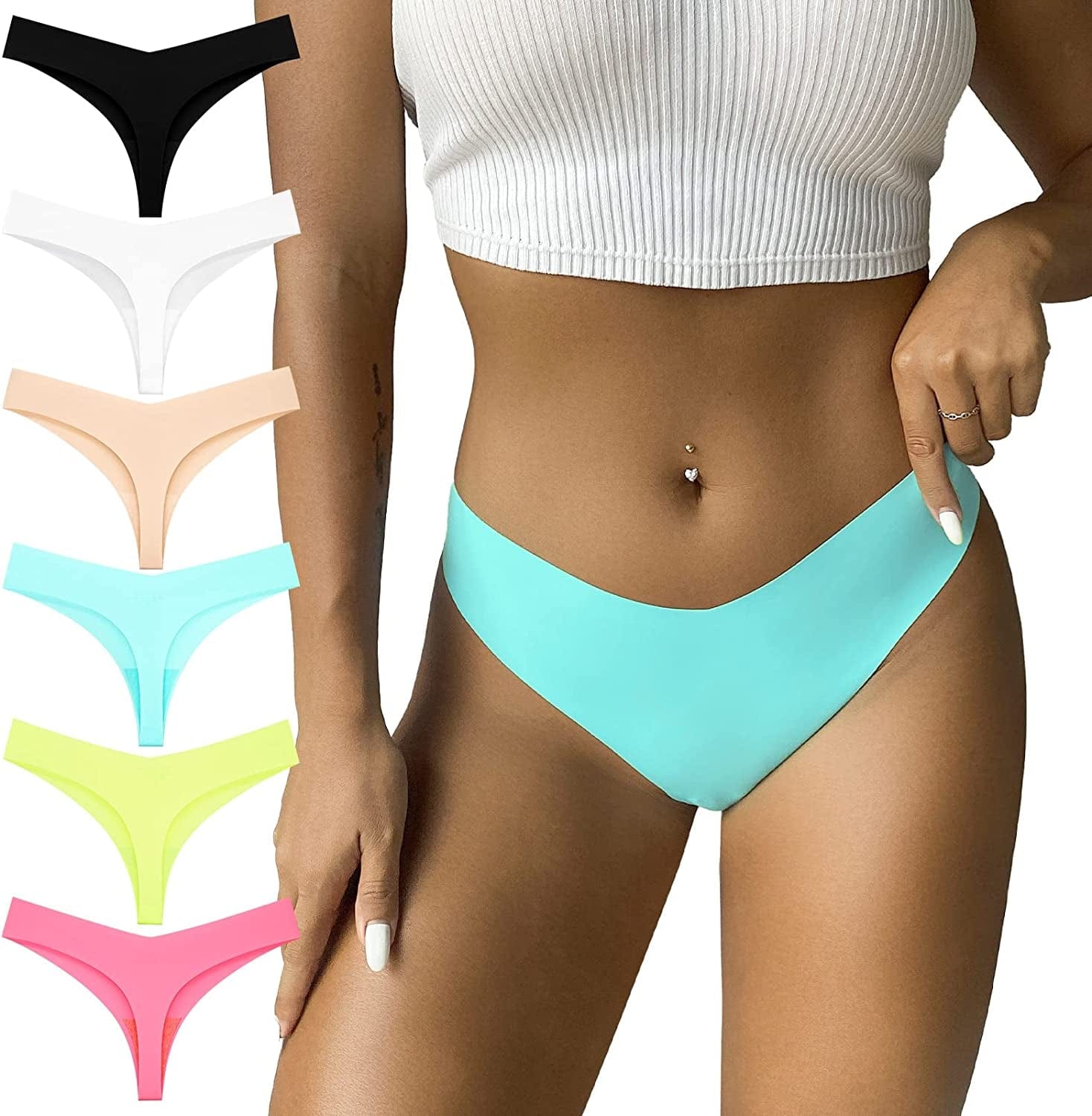 FOOT of the TREE 6 Pack Seamless Thongs for Women No Show Underwear Low Rise Hipster Panties Pack Mix4 / Large