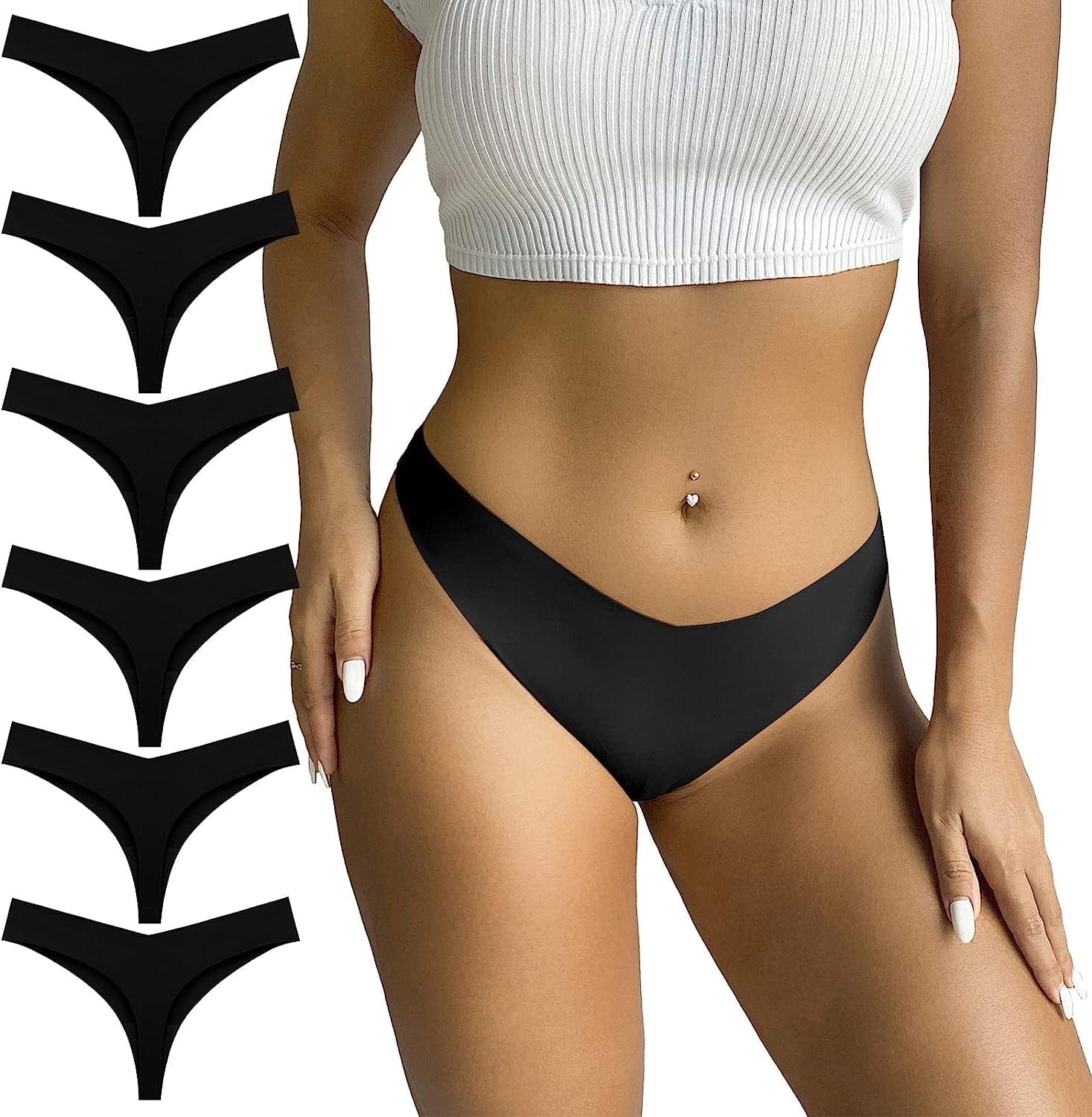 FOOT of the TREE 6 Pack Seamless Thongs for Women No Show Underwear Low Rise Hipster Panties Pack Black / Medium