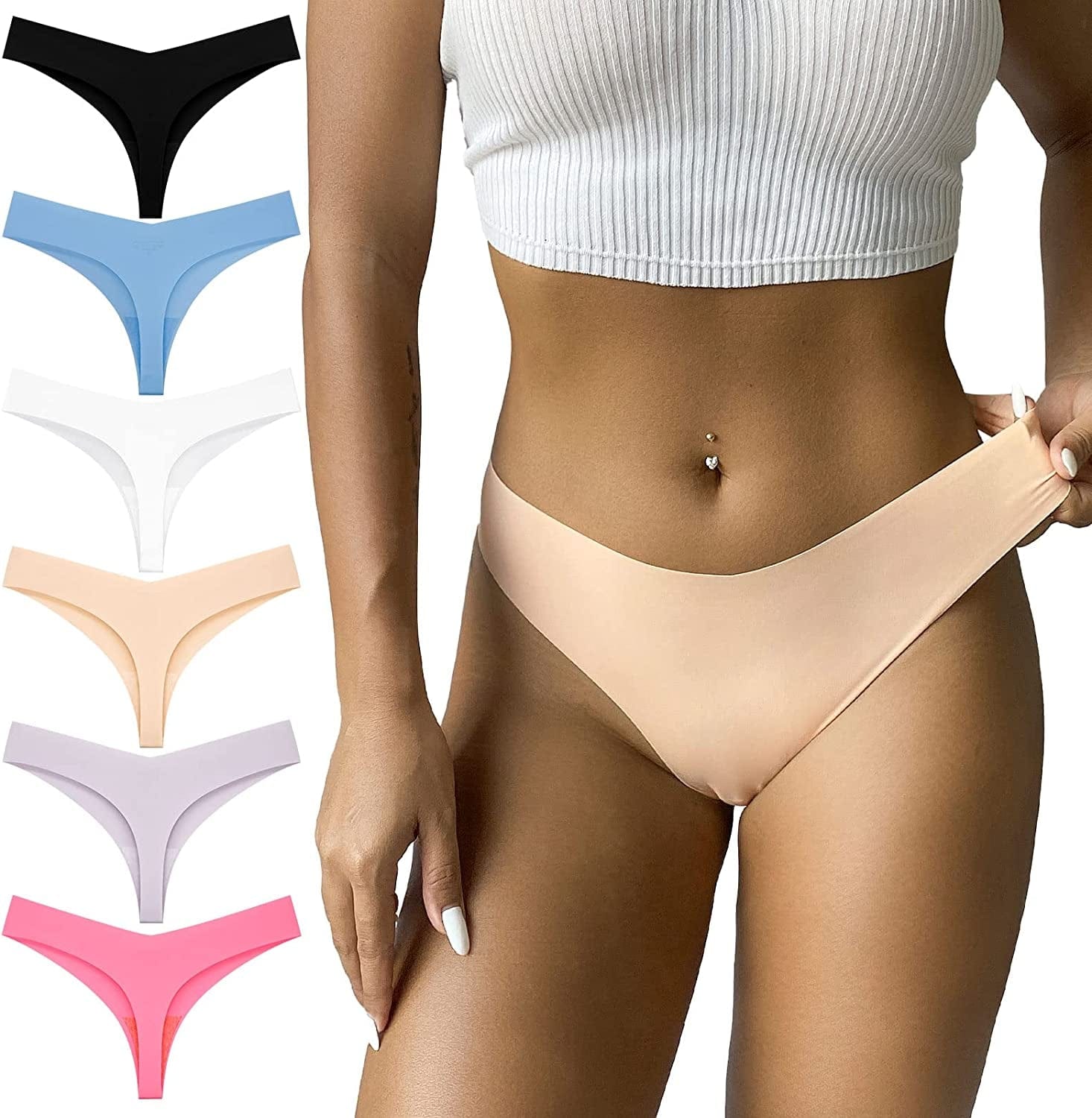FOOT of the TREE 6 Pack Seamless Thongs for Women No Show Underwear Low Rise Hipster Panties Pack Mix3 / Large