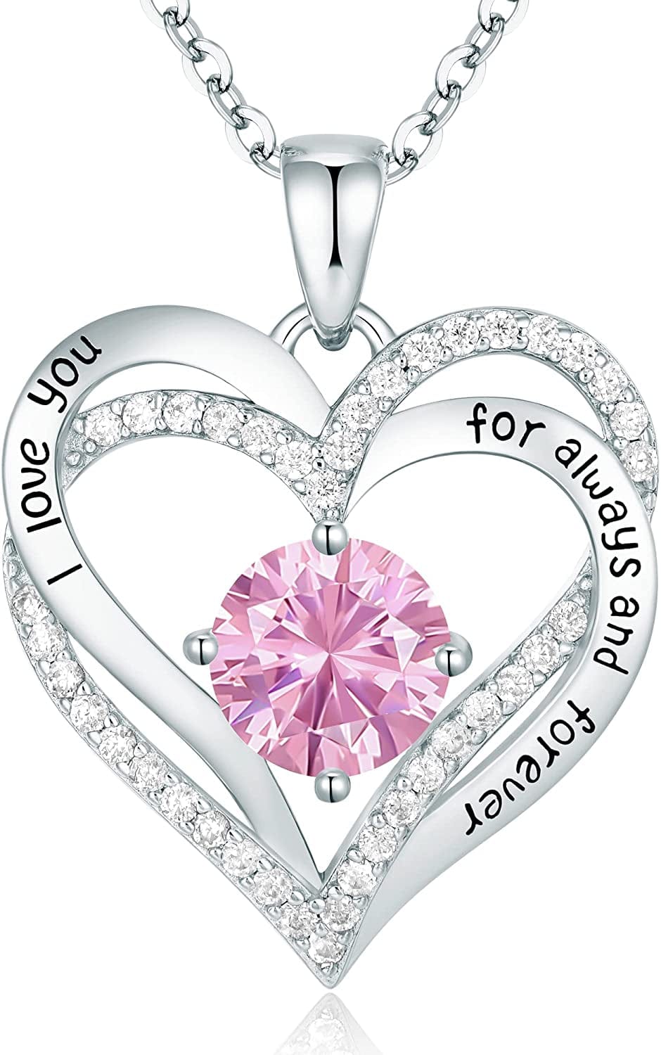Forever Love Heart Pendant Necklaces for Women 925 Sterling Silver with Birthstone Zirconia, Christmas Birthday Anniversary Jewelry Gift for Women Wife Girls Her Sliver-10-Oct