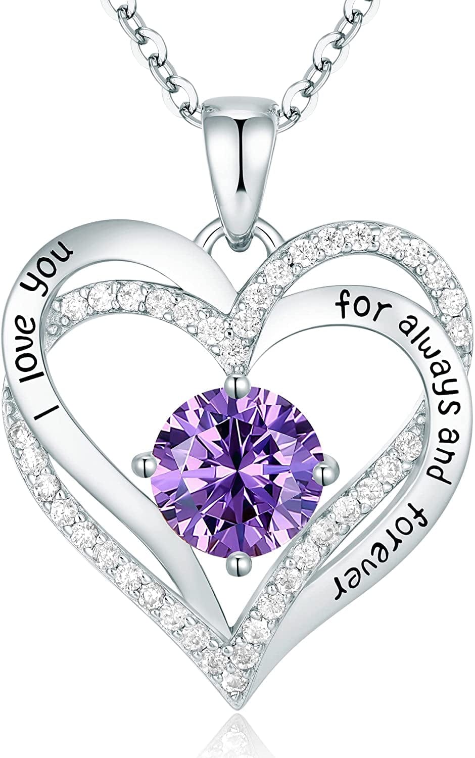 Forever Love Heart Pendant Necklaces for Women 925 Sterling Silver with Birthstone Zirconia, Christmas Birthday Anniversary Jewelry Gift for Women Wife Girls Her Sliver-02-Feb