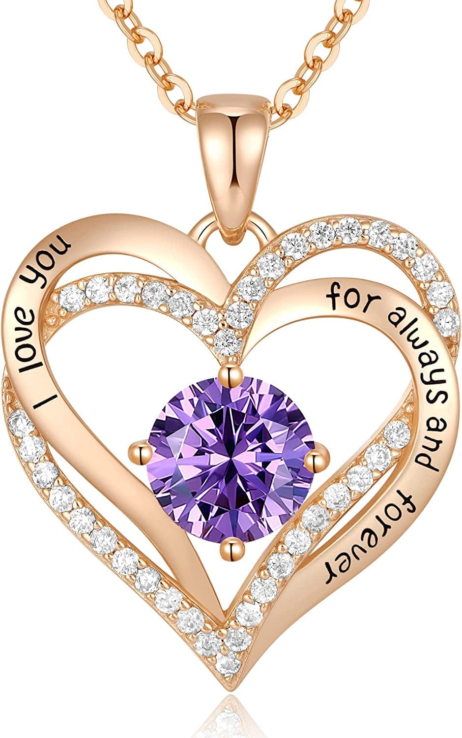 Forever Love Heart Pendant Necklaces for Women 925 Sterling Silver with Birthstone Zirconia, Christmas Birthday Anniversary Jewelry Gift for Women Wife Girls Her Rose Gold-02-Feb
