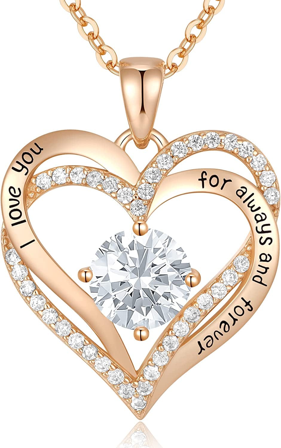 Forever Love Heart Pendant Necklaces for Women 925 Sterling Silver with Birthstone Zirconia, Christmas Birthday Anniversary Jewelry Gift for Women Wife Girls Her Rose Gold-04-Apr