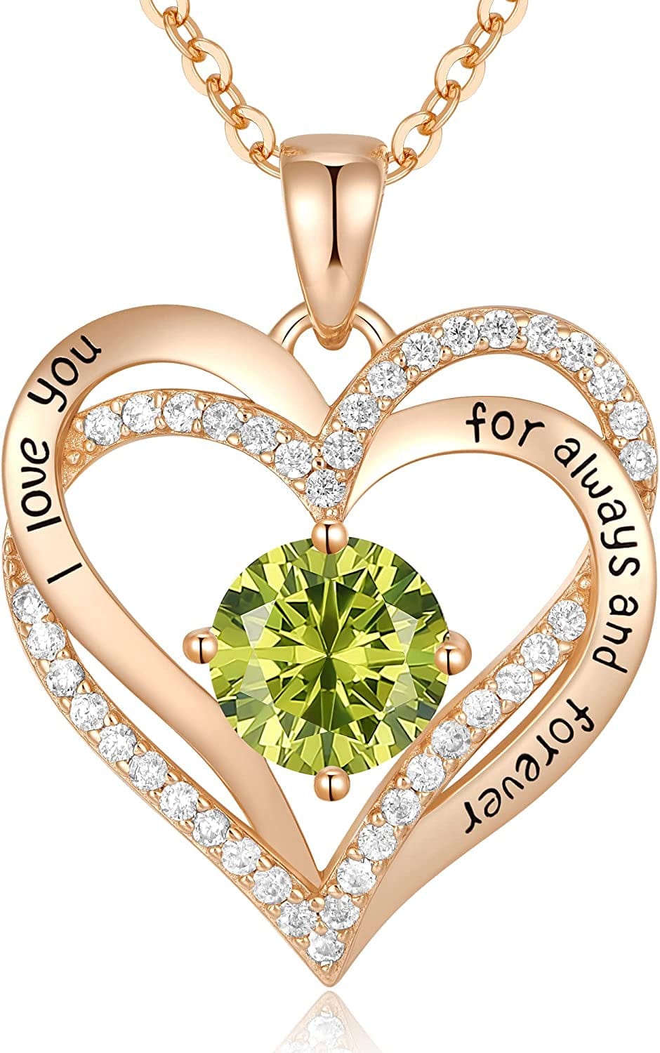 Forever Love Heart Pendant Necklaces for Women 925 Sterling Silver with Birthstone Zirconia, Christmas Birthday Anniversary Jewelry Gift for Women Wife Girls Her Rose Gold-08-Aug