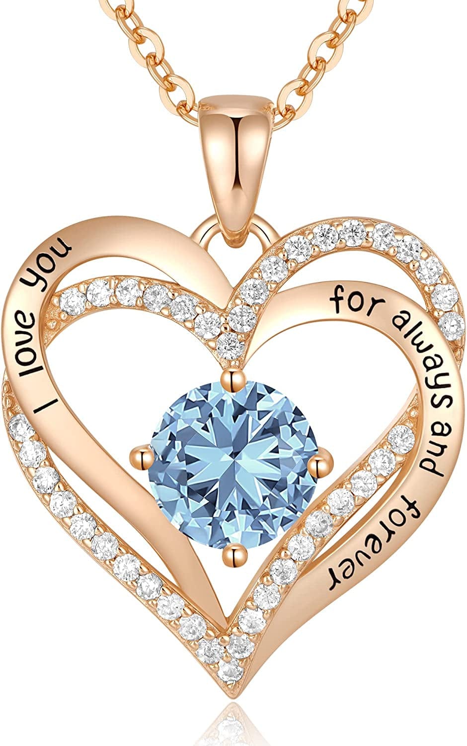 Forever Love Heart Pendant Necklaces for Women 925 Sterling Silver with Birthstone Zirconia, Christmas Birthday Anniversary Jewelry Gift for Women Wife Girls Her Rose Gold-03-Mar