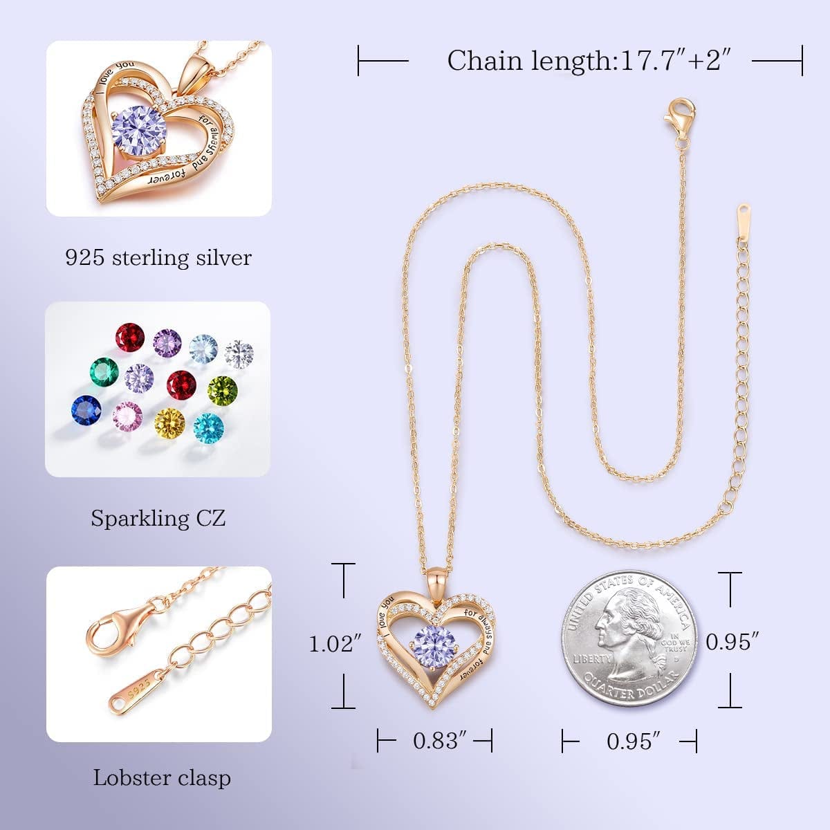 Forever Love Heart Pendant Necklaces for Women 925 Sterling Silver with Birthstone Zirconia, Christmas Birthday Anniversary Jewelry Gift for Women Wife Girls Her