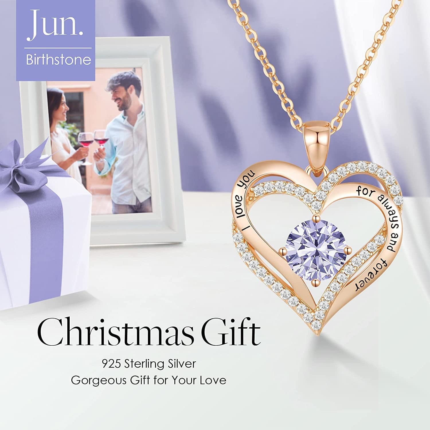 Forever Love Heart Pendant Necklaces for Women 925 Sterling Silver with Birthstone Zirconia, Christmas Birthday Anniversary Jewelry Gift for Women Wife Girls Her