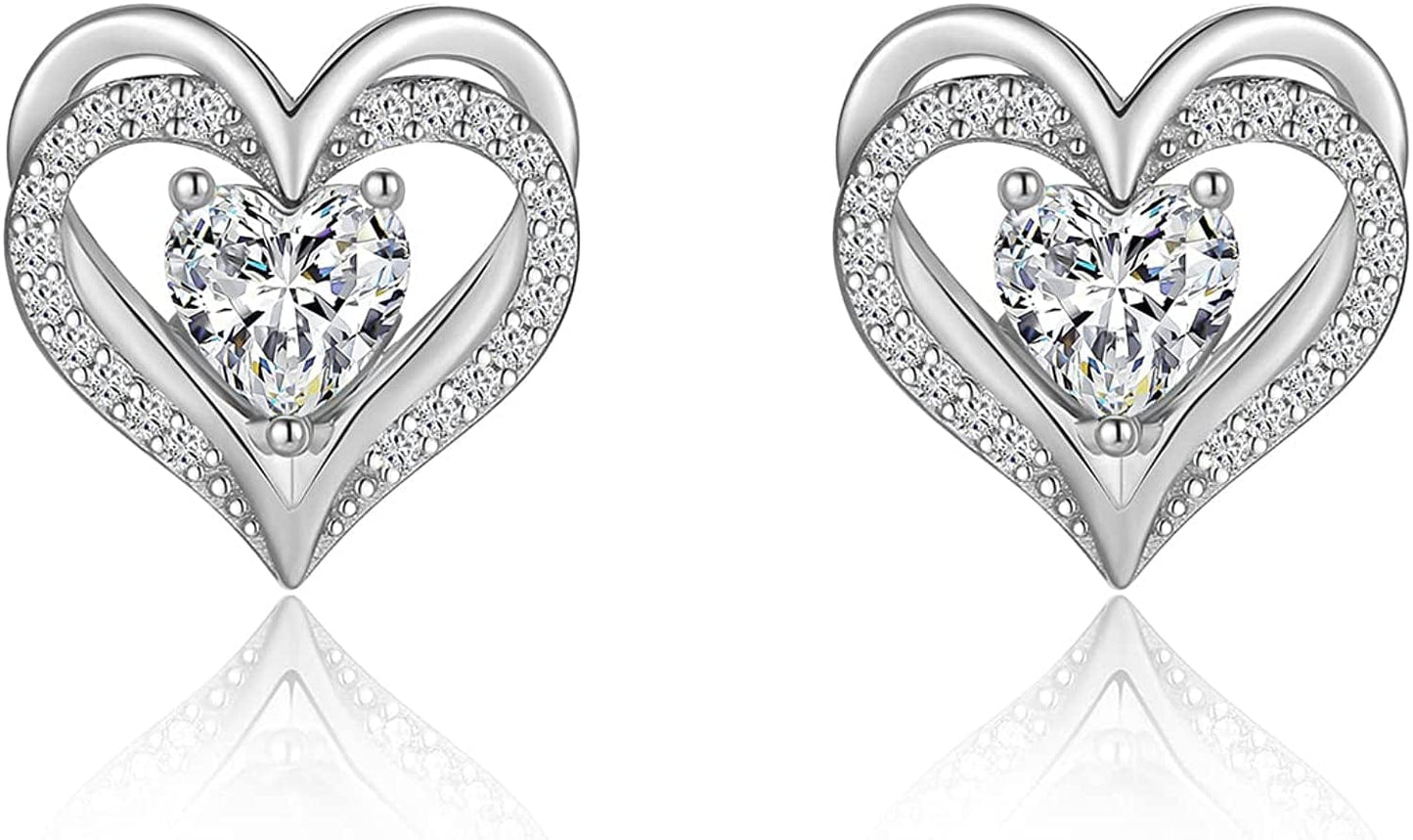 Forever Love Heart Stud Earrings 925 Sterling Silver with Birthstone Zirconia, Christmas Birthday Jewelry Gifts for Women Girls Silver-Mini-Apr. / Silver