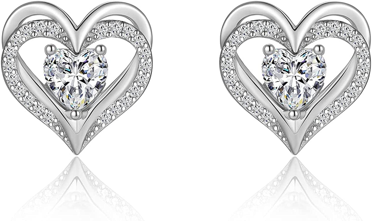 Forever Love Heart Stud Earrings 925 Sterling Silver with Birthstone Zirconia, Christmas Birthday Jewelry Gifts for Women Girls Silver-Mini-Apr. / Silver