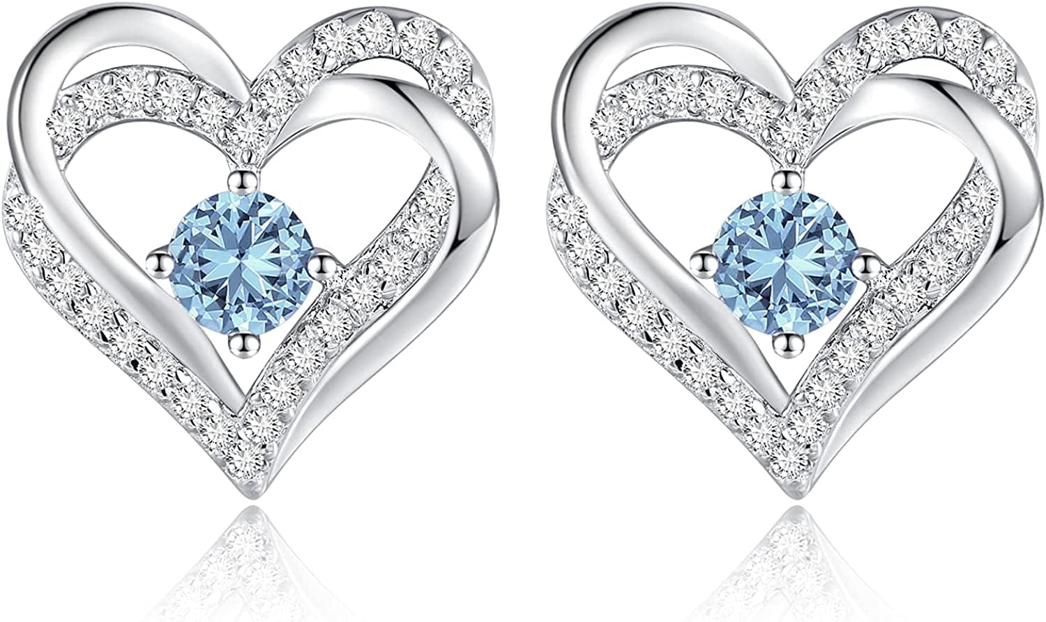 Forever Love Heart Stud Earrings 925 Sterling Silver with Birthstone Zirconia, Christmas Birthday Jewelry Gifts for Women Girls Sliver-03-Mar / Silver