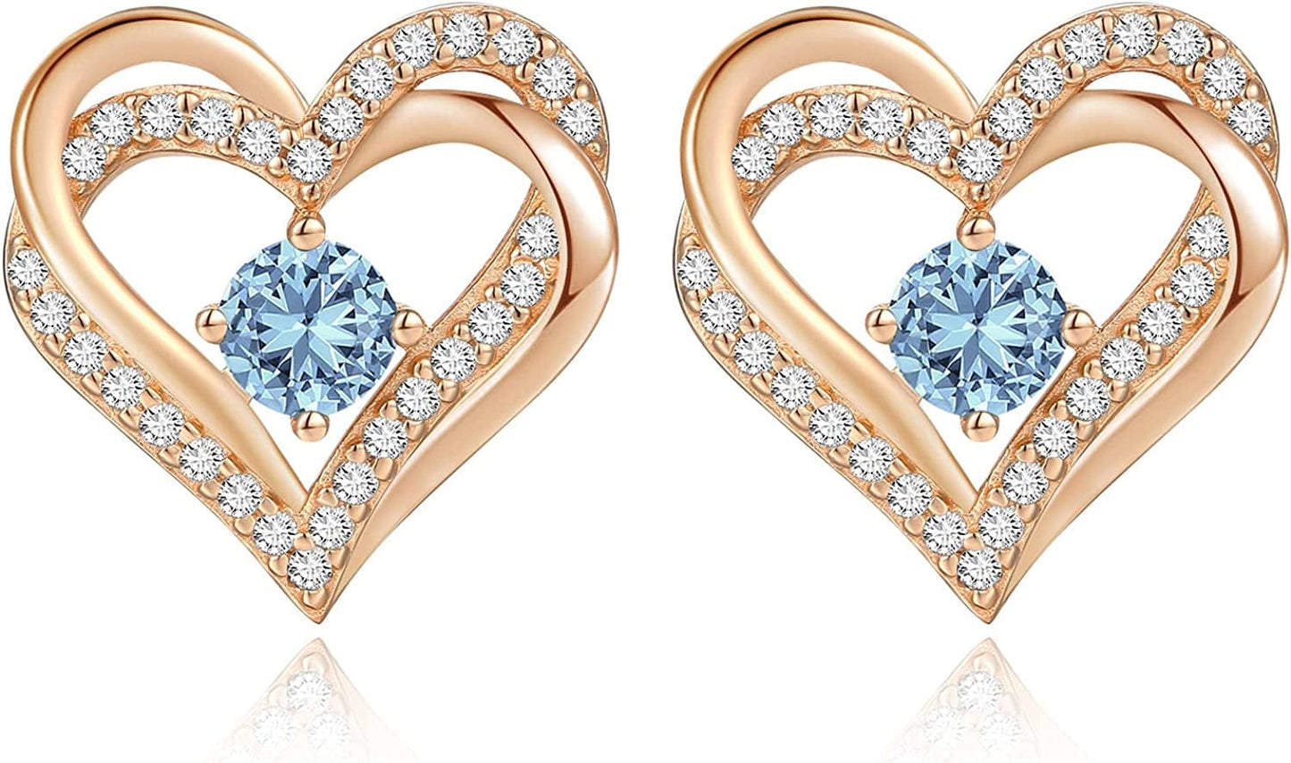 Forever Love Heart Stud Earrings 925 Sterling Silver with Birthstone Zirconia, Christmas Birthday Jewelry Gifts for Women Girls Rose Gold-03-Mar / Rose Gold