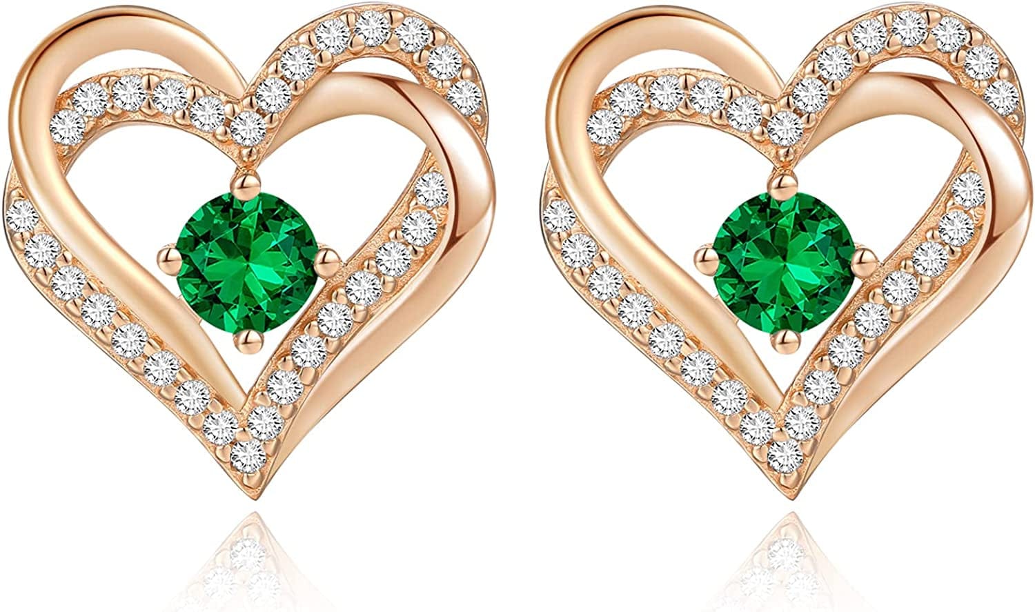 Forever Love Heart Stud Earrings 925 Sterling Silver with Birthstone Zirconia, Christmas Birthday Jewelry Gifts for Women Girls Rose Gold-05-May / Rose Gold