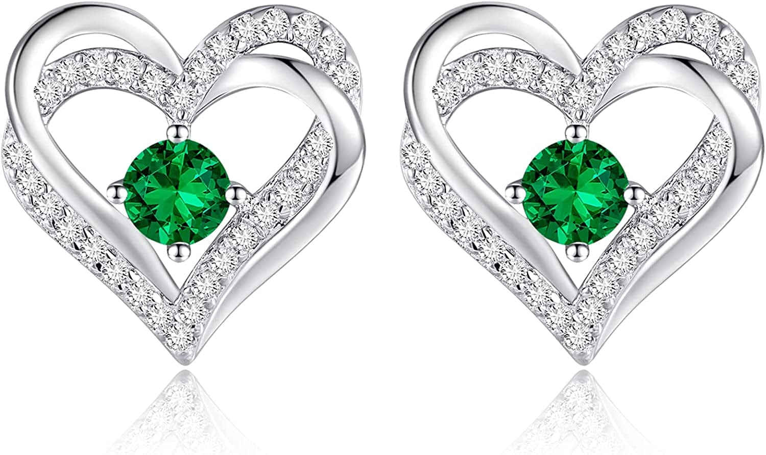 Forever Love Heart Stud Earrings 925 Sterling Silver with Birthstone Zirconia, Christmas Birthday Jewelry Gifts for Women Girls Sliver-05-May / Silver