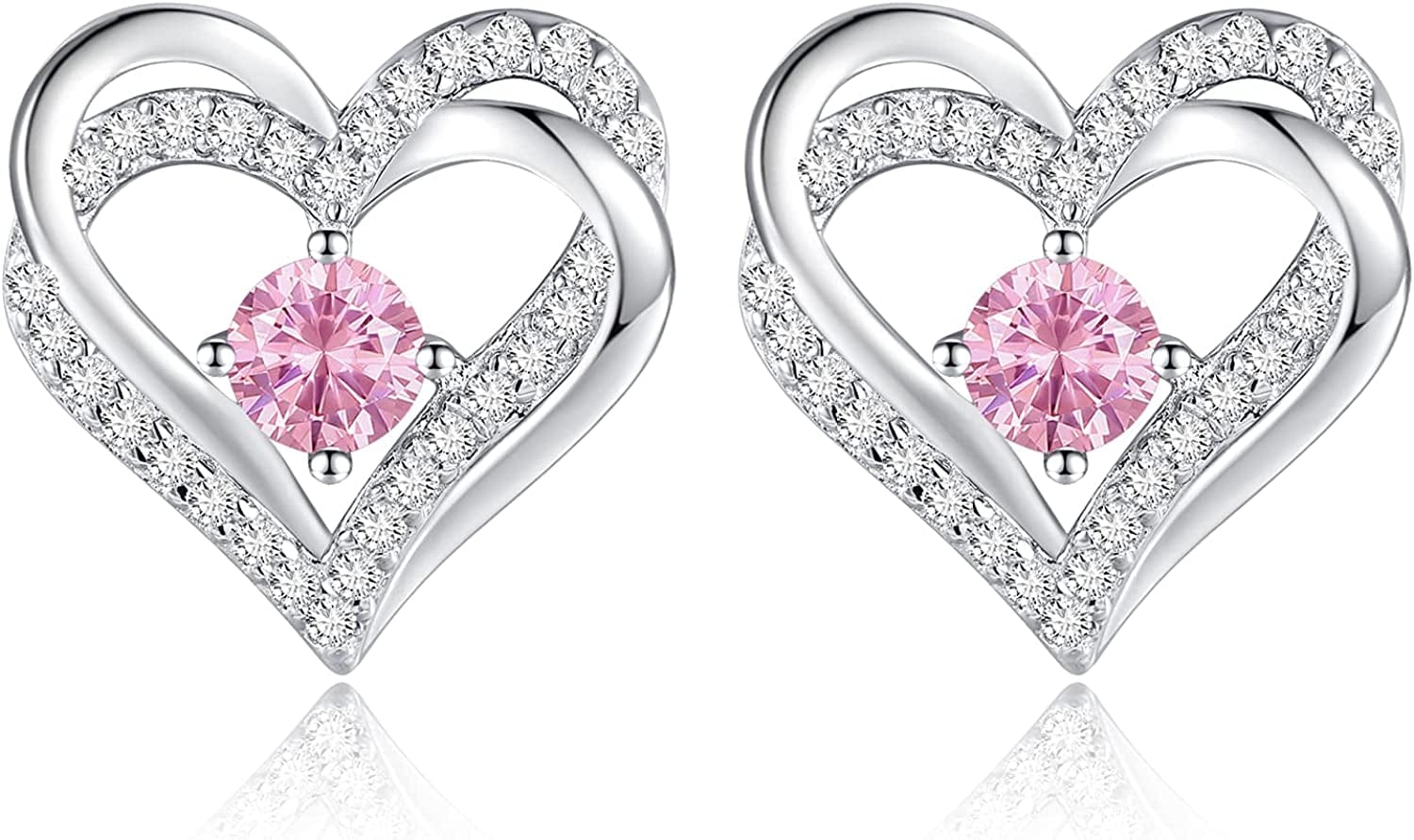 Forever Love Heart Stud Earrings 925 Sterling Silver with Birthstone Zirconia, Christmas Birthday Jewelry Gifts for Women Girls Sliver-10-Oct / Silver