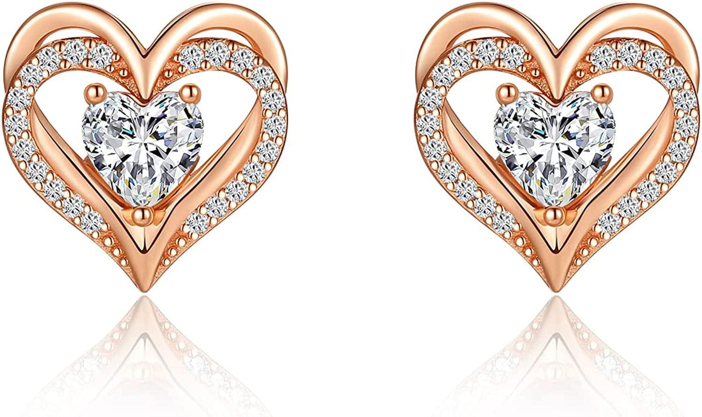 Forever Love Heart Stud Earrings 925 Sterling Silver with Birthstone Zirconia, Christmas Birthday Jewelry Gifts for Women Girls Rose Gold-Mini-Apr. / Rose Gold