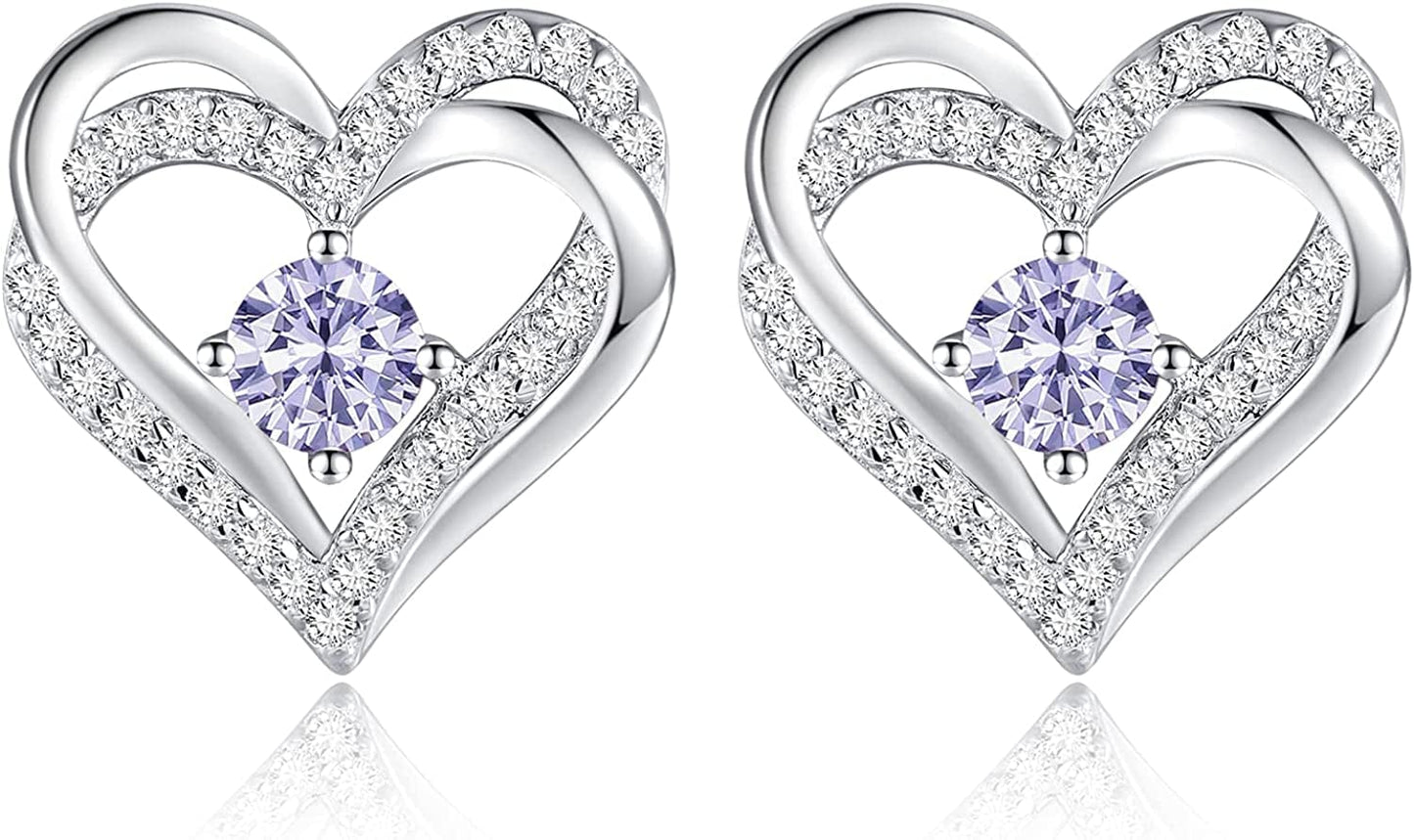 Forever Love Heart Stud Earrings 925 Sterling Silver with Birthstone Zirconia, Christmas Birthday Jewelry Gifts for Women Girls Sliver-06-Jun / Silver
