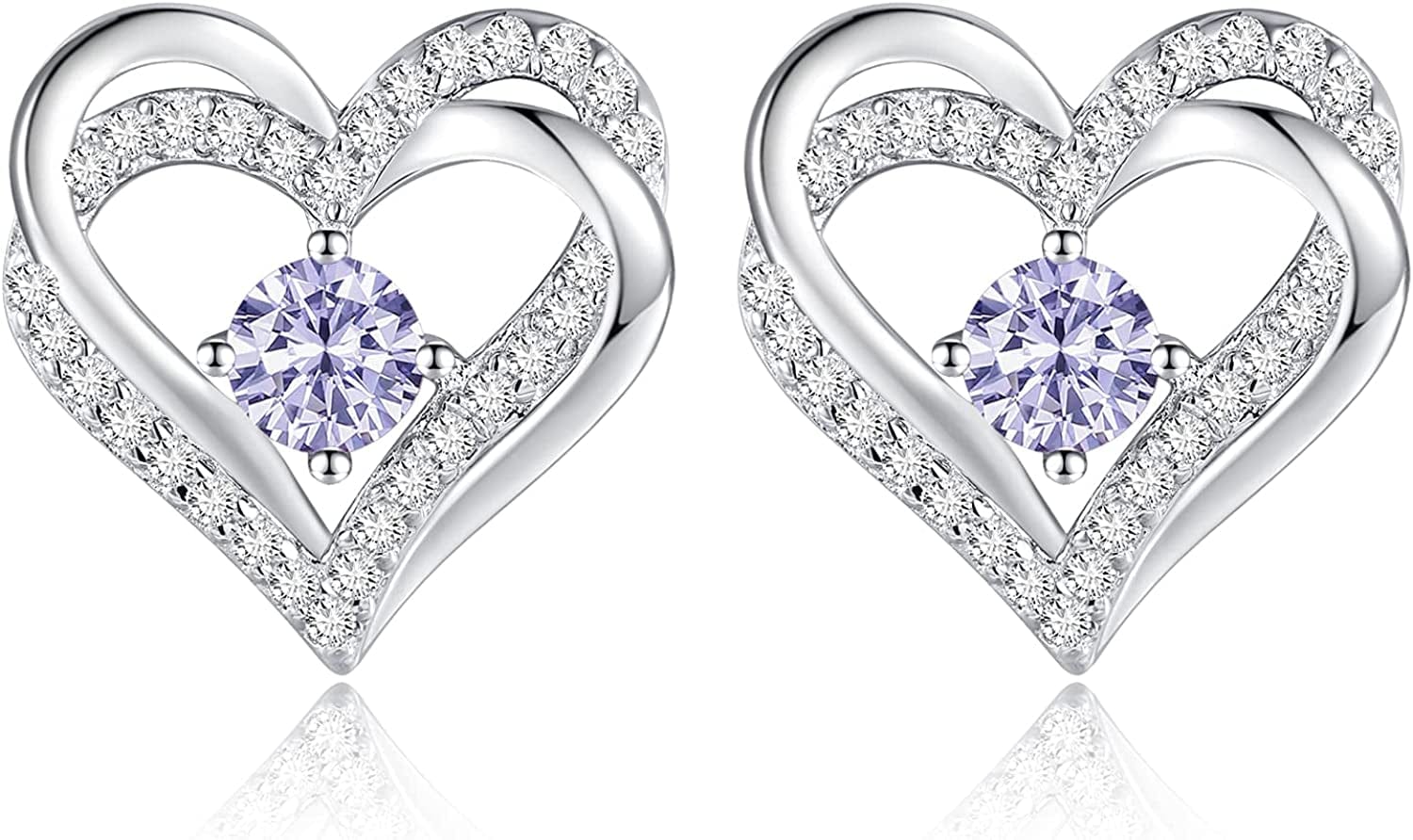 Forever Love Heart Stud Earrings 925 Sterling Silver with Birthstone Zirconia, Christmas Birthday Jewelry Gifts for Women Girls Sliver-06-Jun / Silver