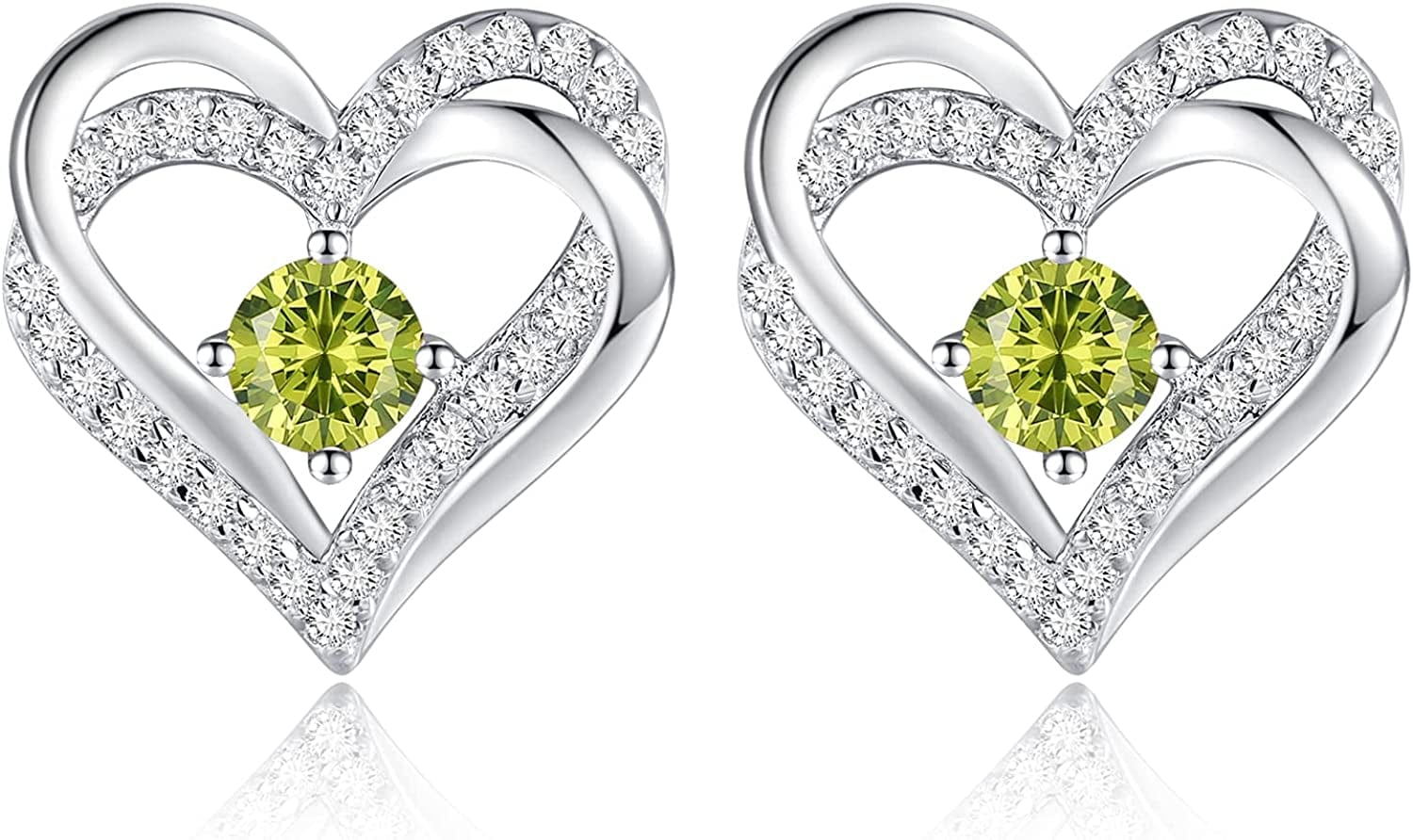 Forever Love Heart Stud Earrings 925 Sterling Silver with Birthstone Zirconia, Christmas Birthday Jewelry Gifts for Women Girls Sliver-08-Aug / Silver