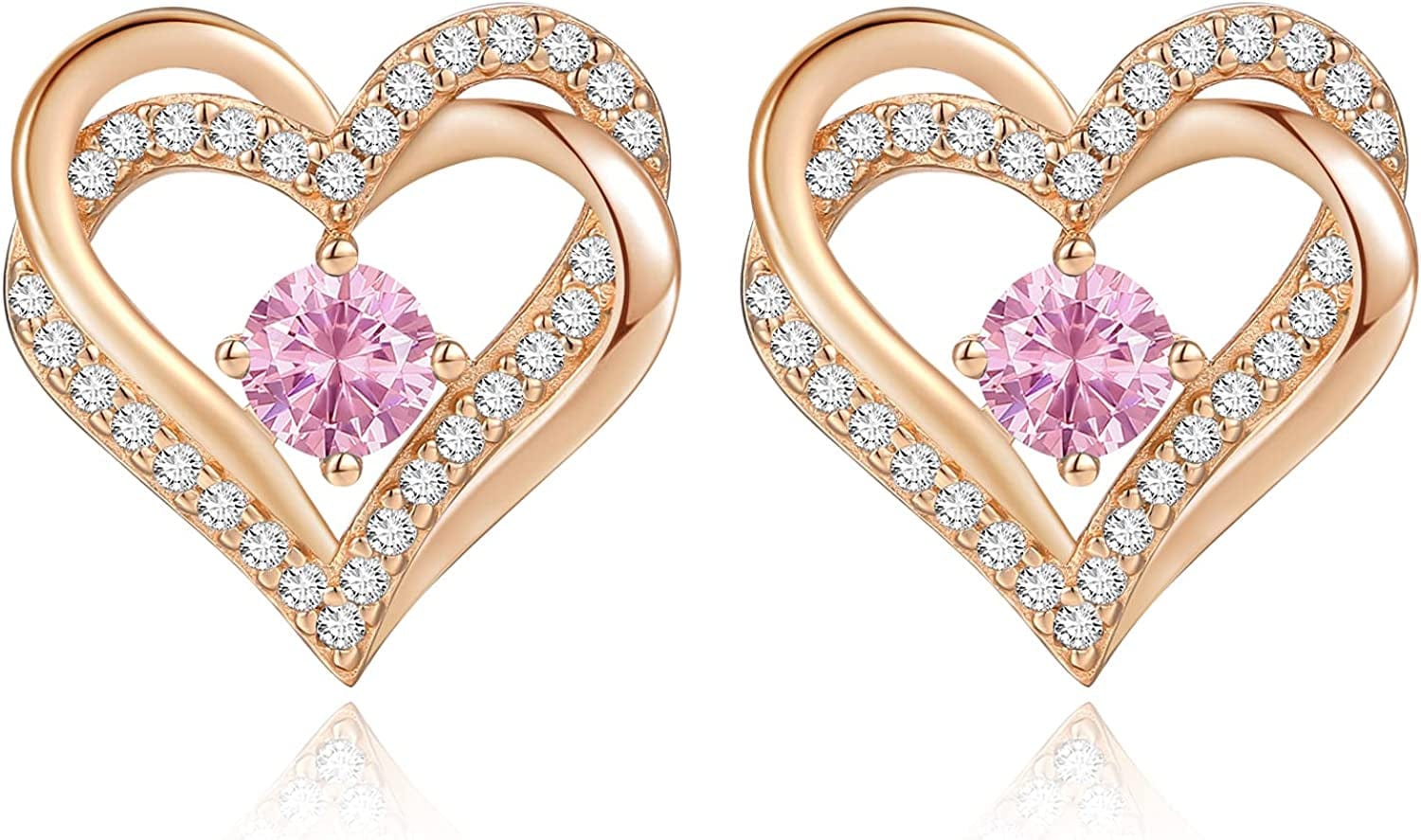 Forever Love Heart Stud Earrings 925 Sterling Silver with Birthstone Zirconia, Christmas Birthday Jewelry Gifts for Women Girls Rose Gold-10-Oct / Rose Gold
