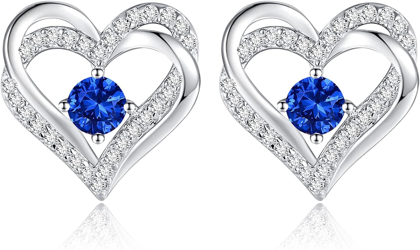 Forever Love Heart Stud Earrings 925 Sterling Silver with Birthstone Zirconia, Christmas Birthday Jewelry Gifts for Women Girls Sliver-09-Sept / Silver