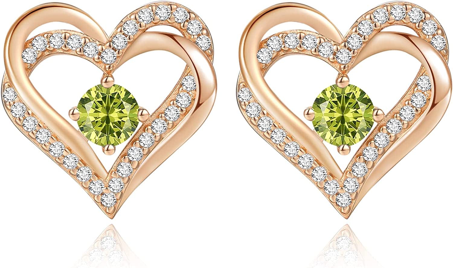 Forever Love Heart Stud Earrings 925 Sterling Silver with Birthstone Zirconia, Christmas Birthday Jewelry Gifts for Women Girls Rose Gold-08-Aug / Rose Gold