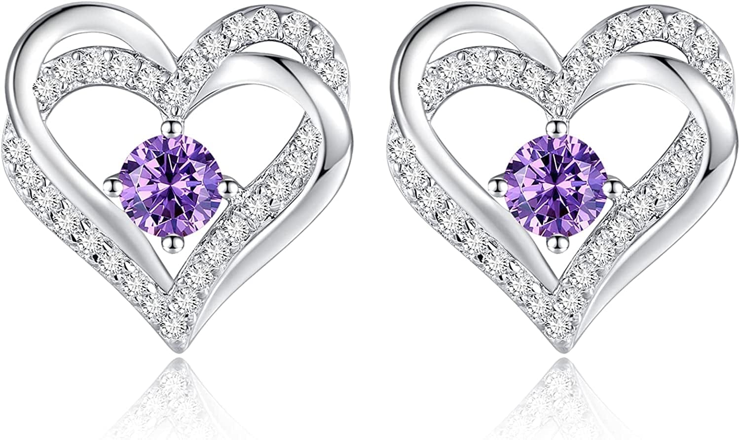 Forever Love Heart Stud Earrings 925 Sterling Silver with Birthstone Zirconia, Christmas Birthday Jewelry Gifts for Women Girls Sliver-02-Feb / Silver