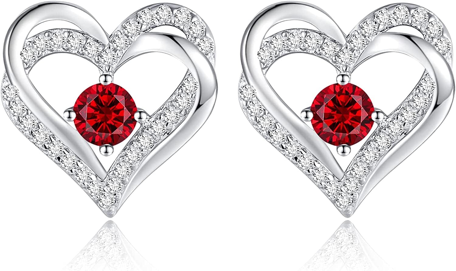 Forever Love Heart Stud Earrings 925 Sterling Silver with Birthstone Zirconia, Christmas Birthday Jewelry Gifts for Women Girls Sliver-07-Jul / Silver