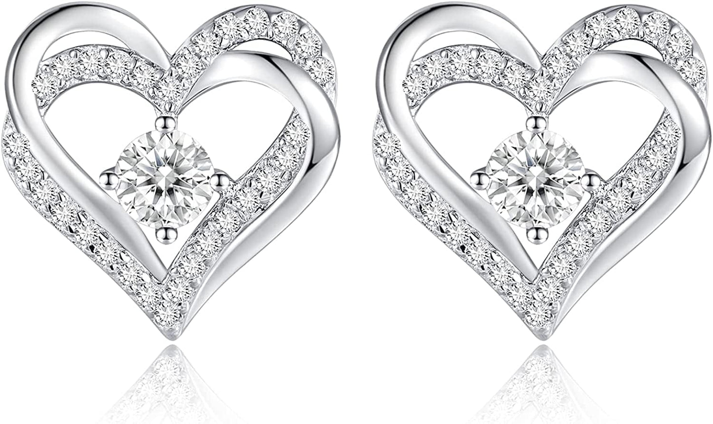 Forever Love Heart Stud Earrings 925 Sterling Silver with Birthstone Zirconia, Christmas Birthday Jewelry Gifts for Women Girls Sliver-04-Apr / Silver