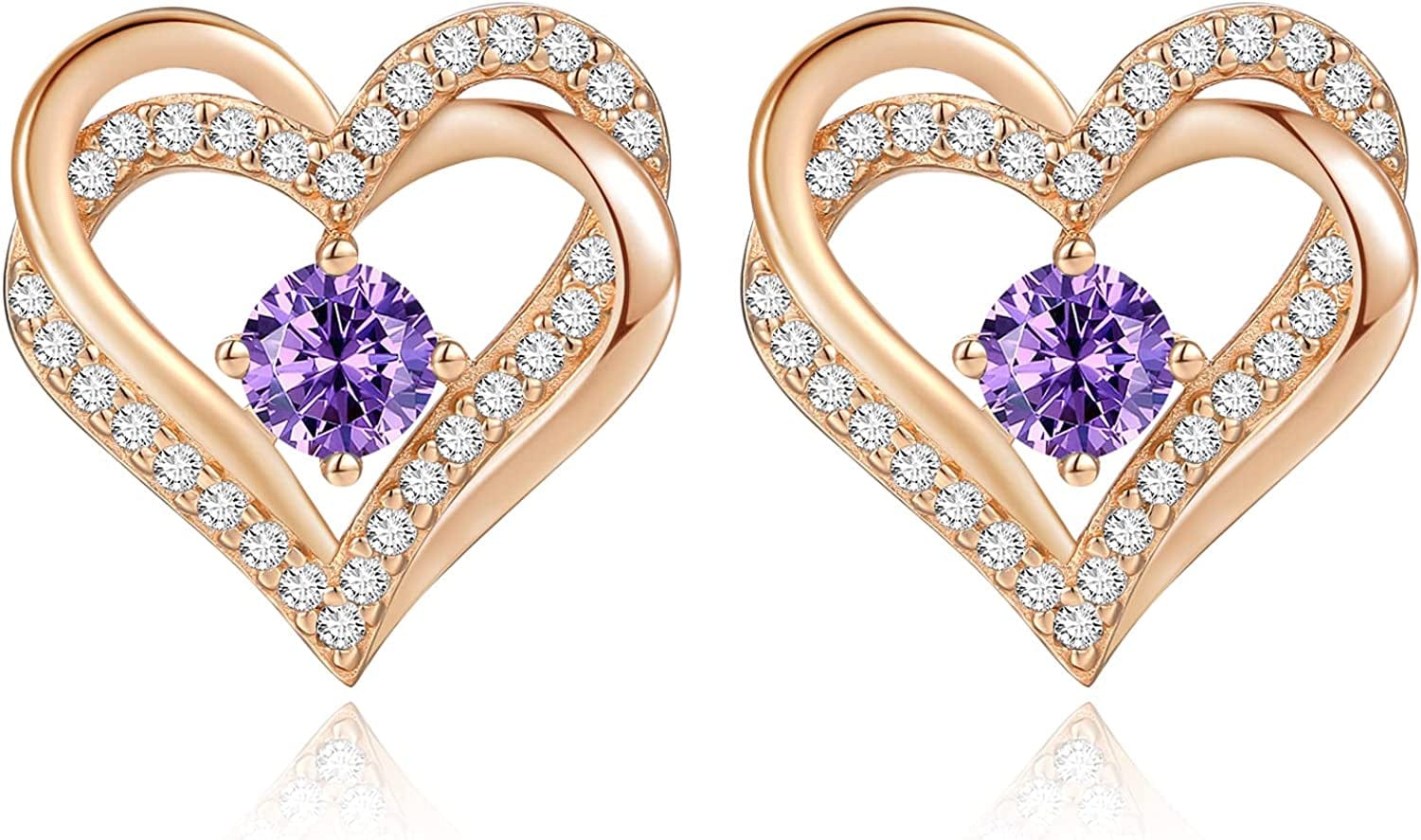 Forever Love Heart Stud Earrings 925 Sterling Silver with Birthstone Zirconia, Christmas Birthday Jewelry Gifts for Women Girls Rose Gold-02-Feb / Rose Gold
