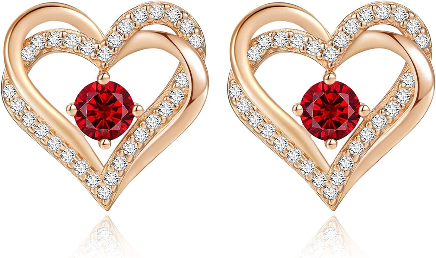 Forever Love Heart Stud Earrings 925 Sterling Silver with Birthstone Zirconia, Christmas Birthday Jewelry Gifts for Women Girls Rose Gold-07-Jul / Rose Gold