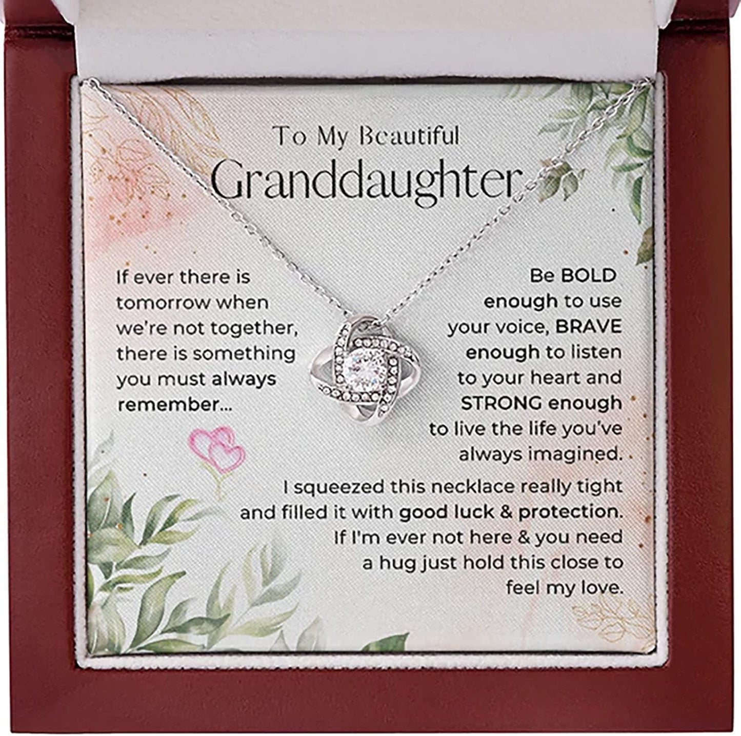 Forever Loved Granddaughter Gifts from Grandma Grandpa Interlocking Hearts Necklace - Granddaughter Necklace Card Message Gifts for Granddaughter with Inspirational Quotes! Always Remember This - Love Knot Mahogany Style Luxury Box (w/LED)