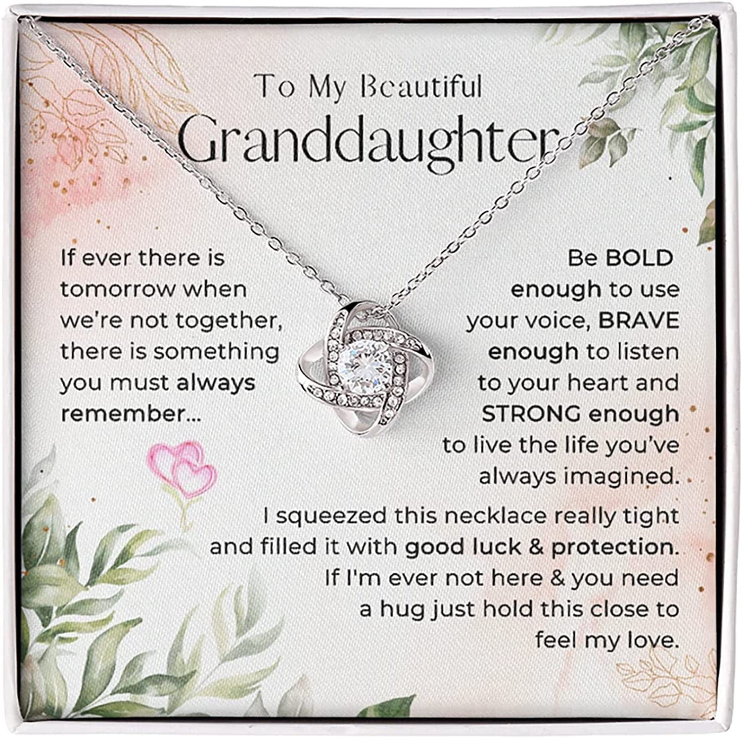 Forever Loved Granddaughter Gifts from Grandma Grandpa Interlocking Hearts Necklace - Granddaughter Necklace Card Message Gifts for Granddaughter with Inspirational Quotes! Always Remember This - Love Knot Two Toned Box