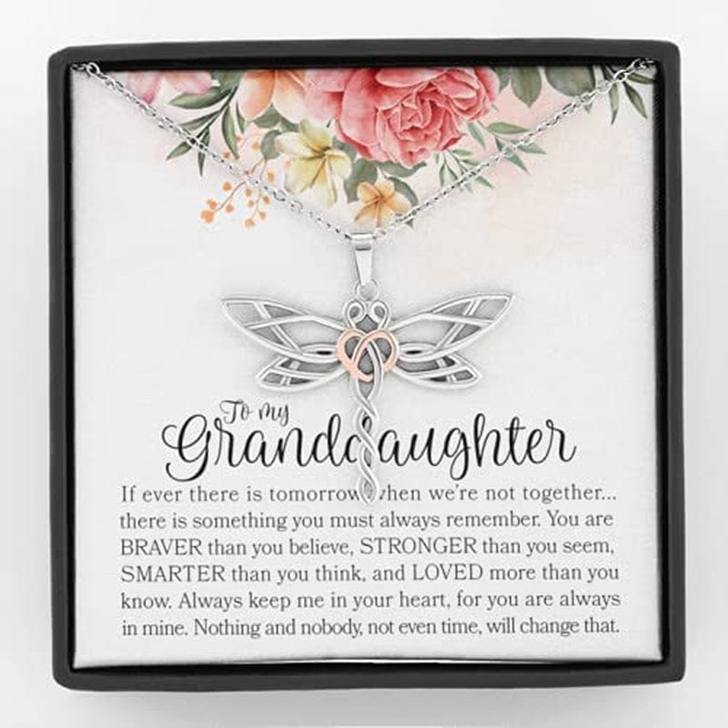 Forever Loved Granddaughter Gifts from Grandma Grandpa Interlocking Hearts Necklace - Granddaughter Necklace Card Message Gifts for Granddaughter with Inspirational Quotes! Dragonfly Necklace
