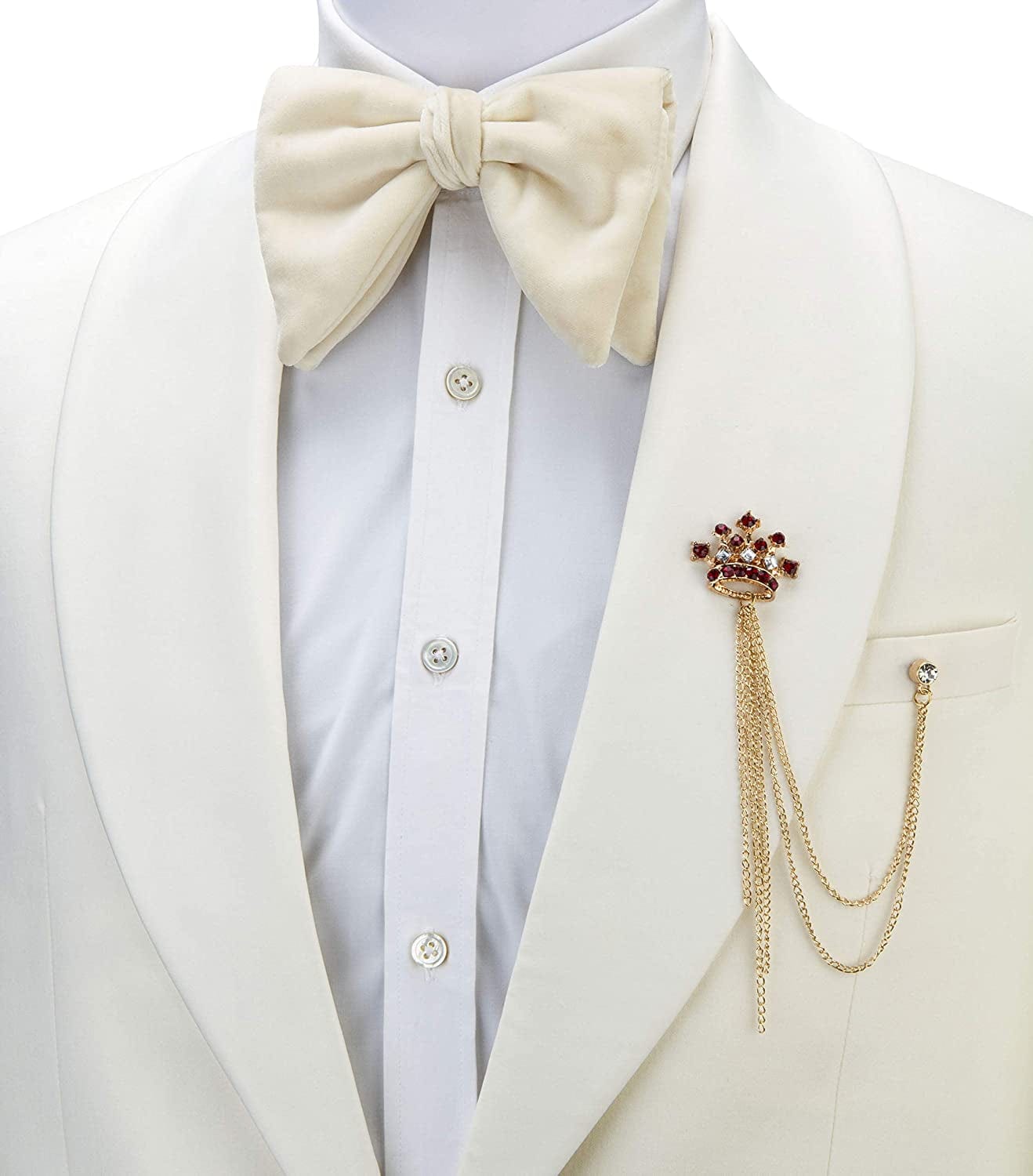 Formal Gold Crown with Maroon Stone and Hanging Chain Detailing Lapel Pin Brooch for Men