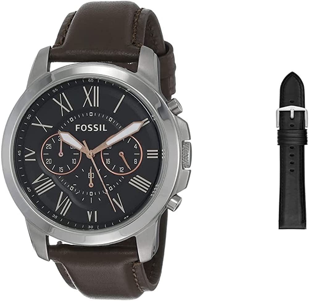 Fossil Men'S Grant Stainless Steel Quartz Chronograph Watch Silver/Brown + Black Band