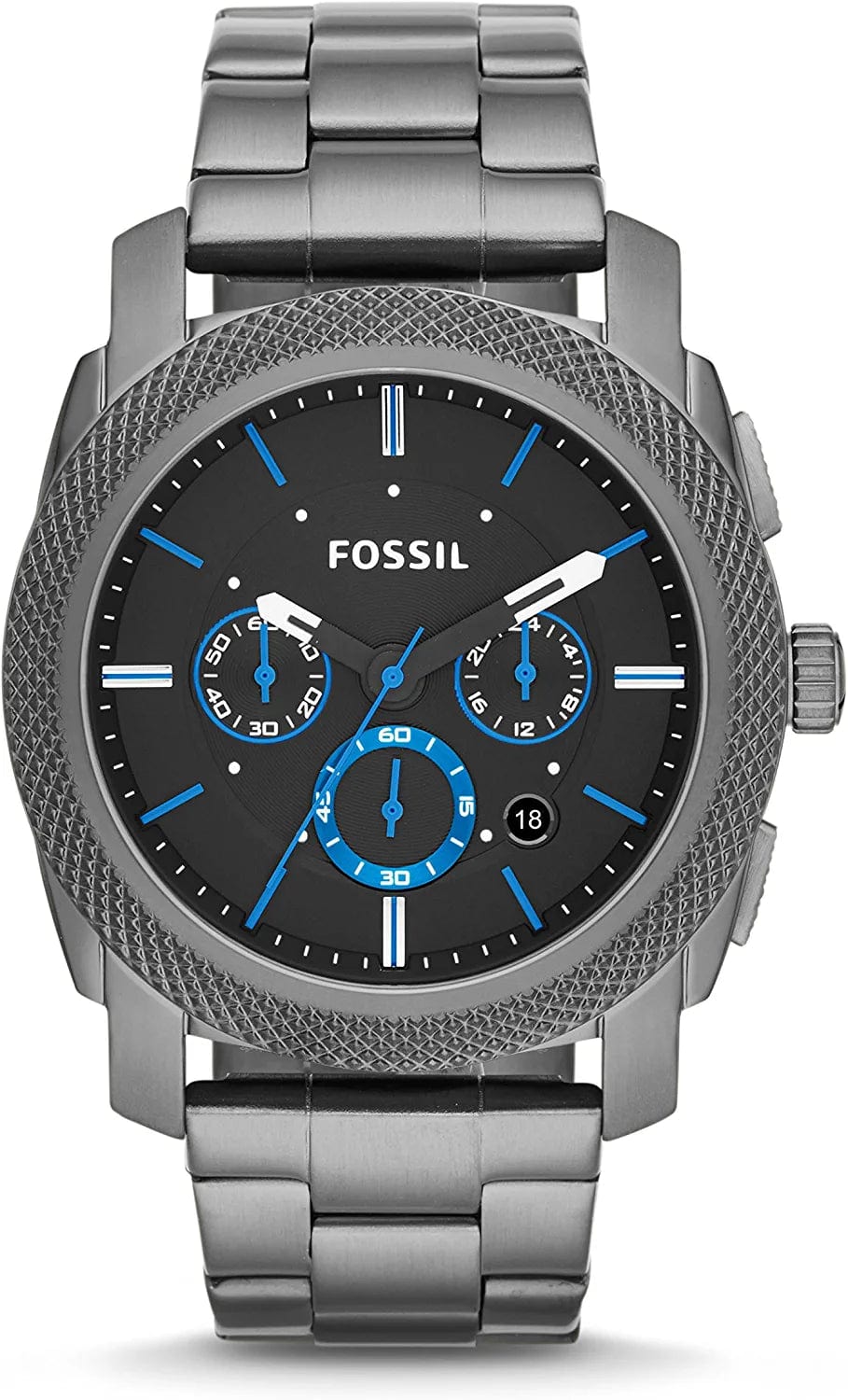 Fossil Men'S Machine Stainless Steel Case Quartz Chronograph Watch Smoke, Blue Dial