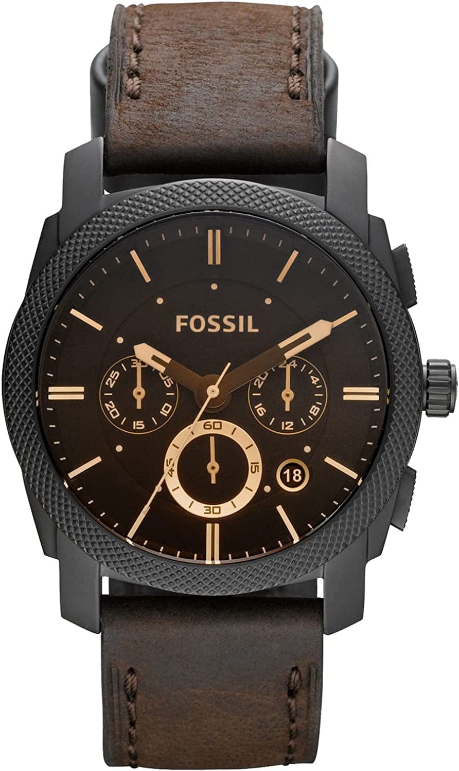 Fossil Men'S Machine Stainless Steel Case Quartz Chronograph Watch Black, Brown Leather