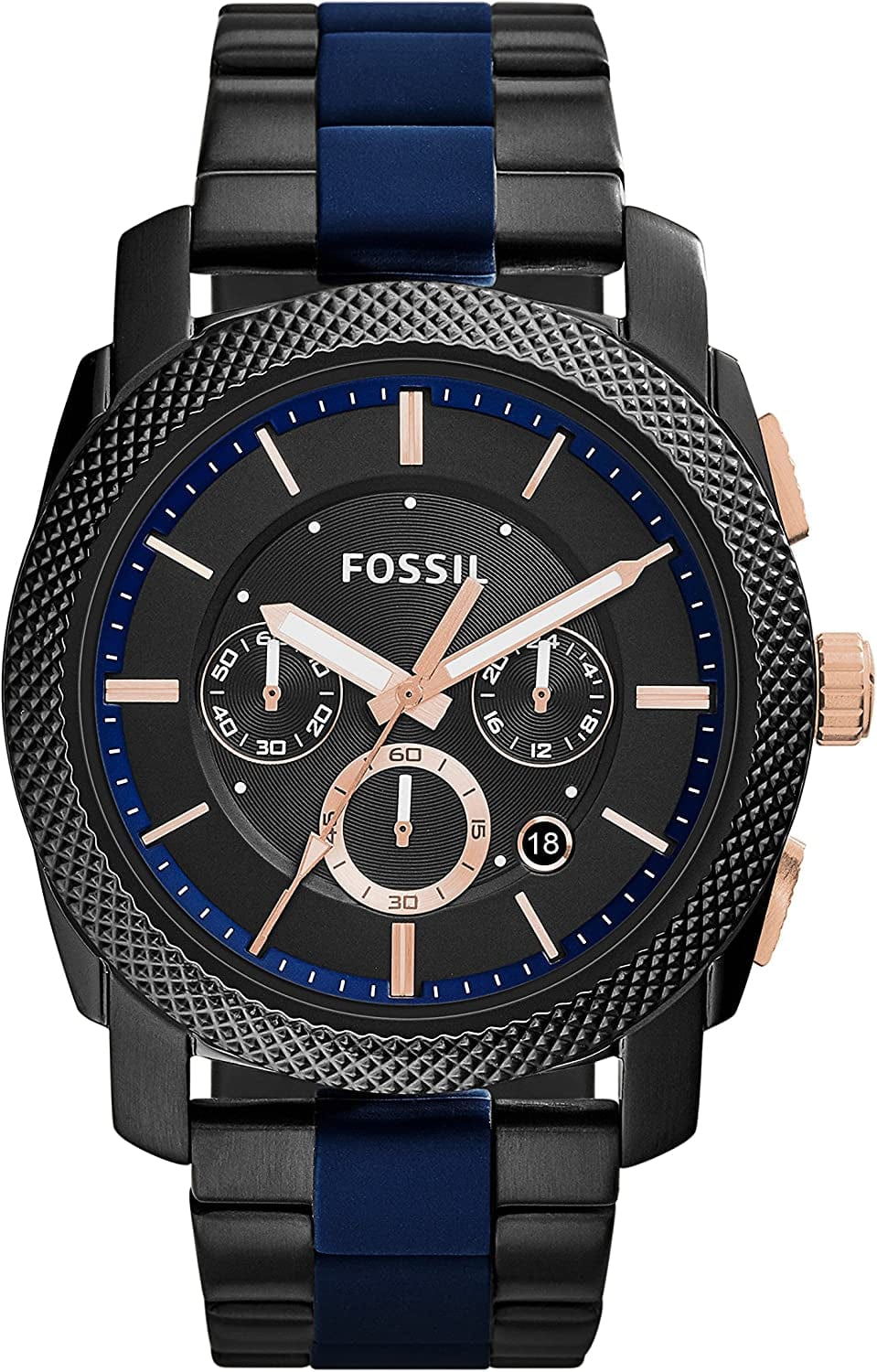 Fossil Men'S Machine Stainless Steel Case Quartz Chronograph Watch Black/Blue Silicone