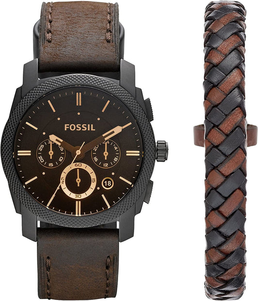 Fossil Men'S Machine Stainless Steel Case Quartz Chronograph Watch Black, Brown Bracelet Set