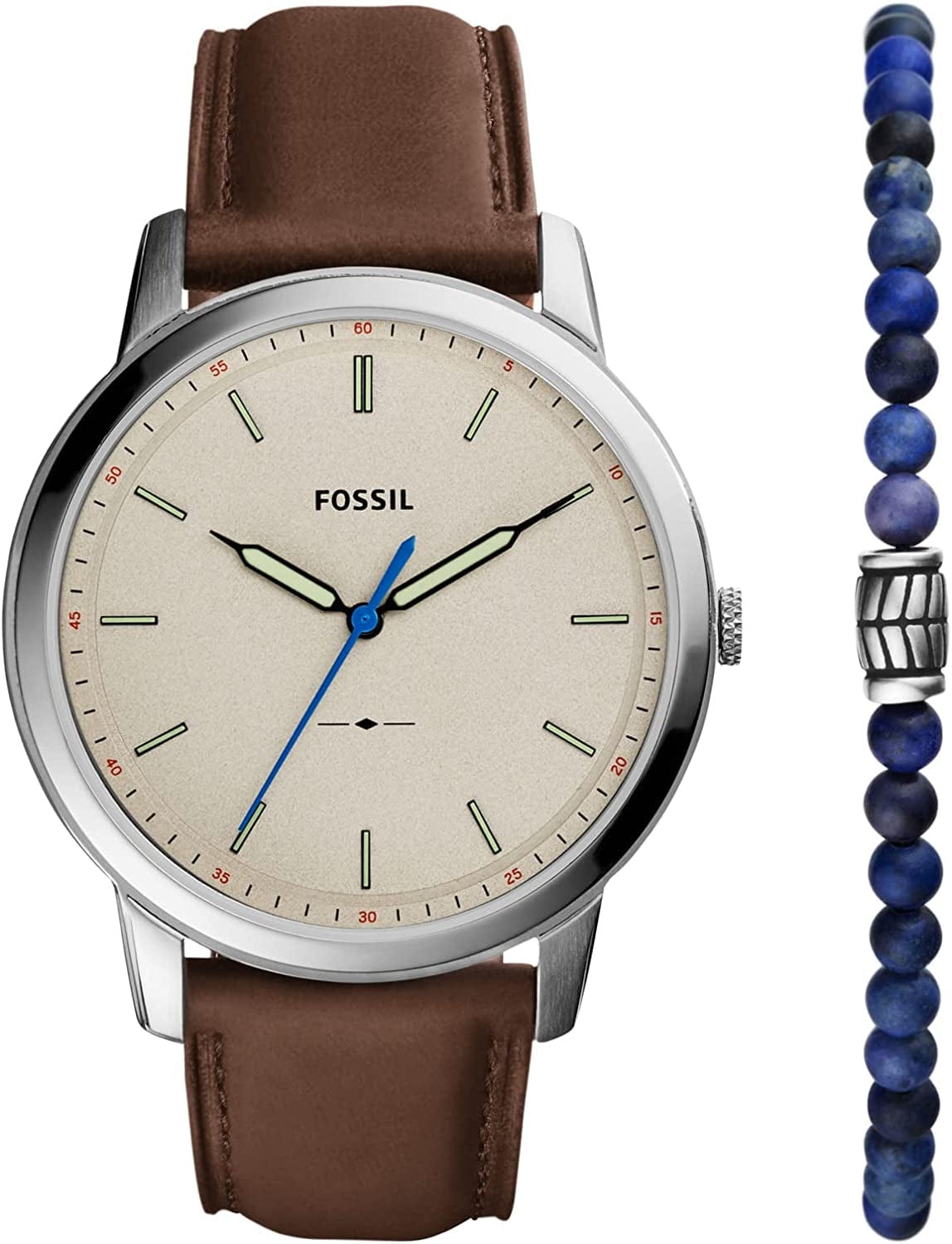 Fossil Men'S Minimalist Stainless Steel Slim Casual Watch Silver/Brown Bracelet Gift Set
