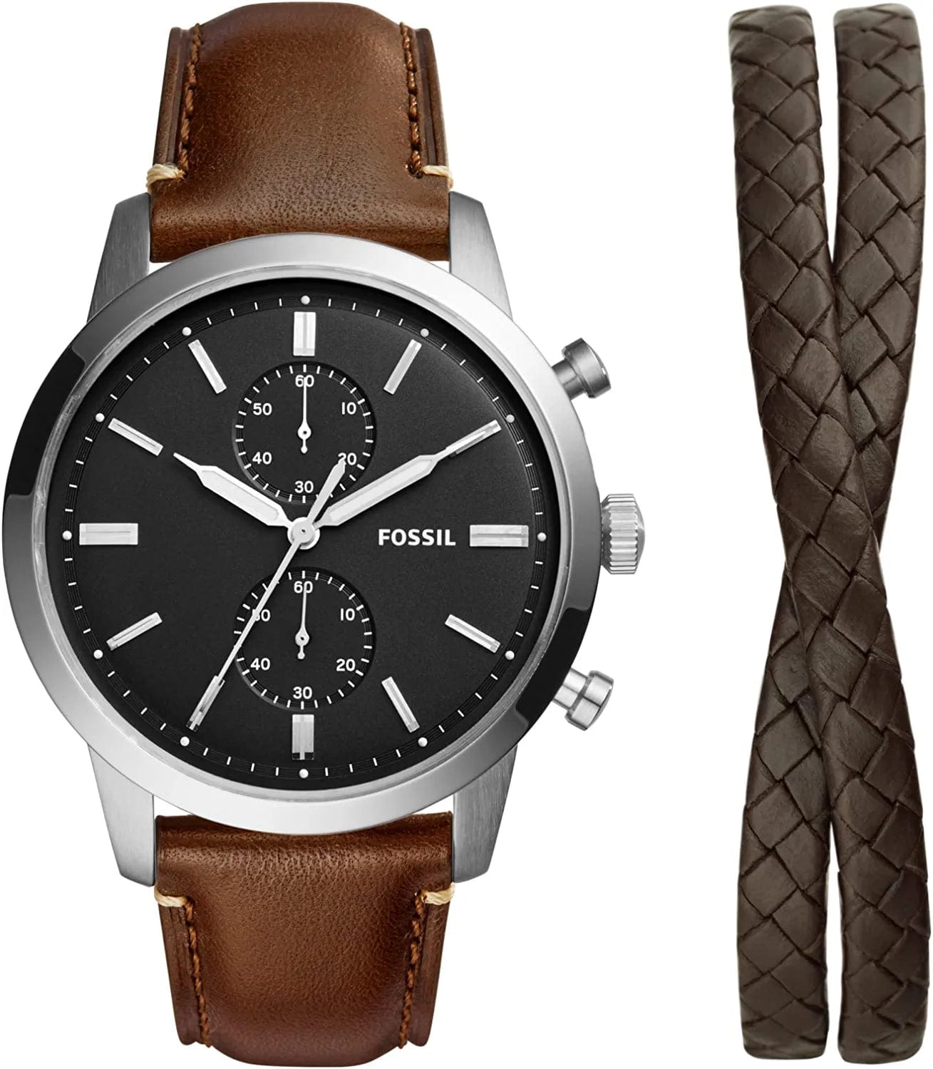 Fossil Men'S Townsman Stainless Steel and Leather Casual Quartz Chronograph Watch Silver/Brown Bracelet Gift Set