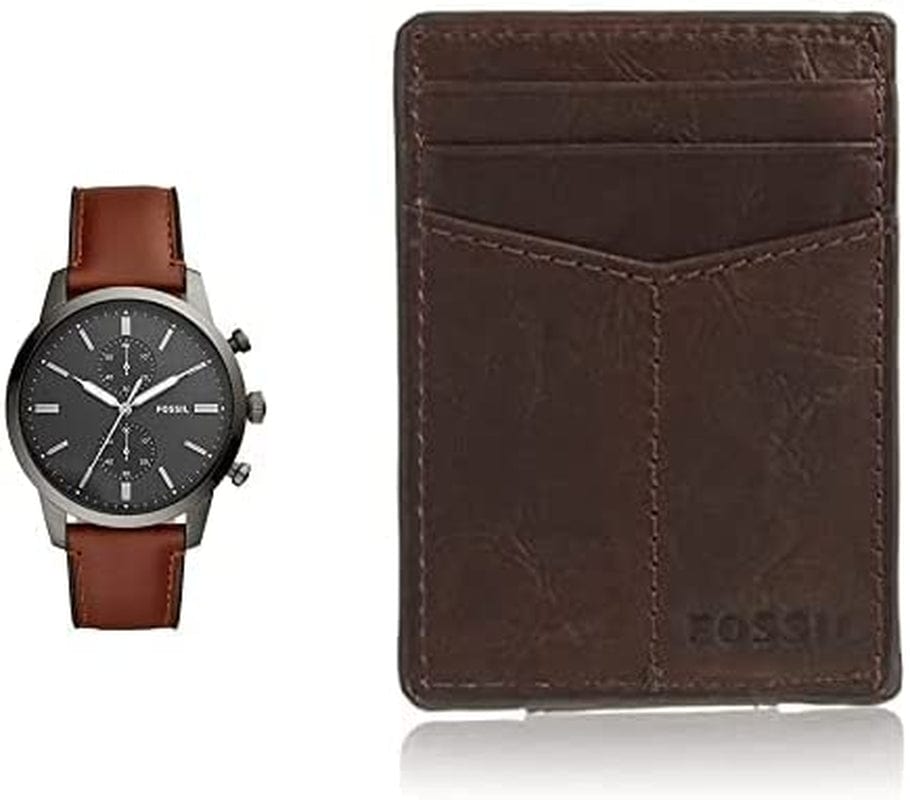 Fossil Men'S Townsman Stainless Steel and Leather Casual Quartz Chronograph Watch Smoke/Brown + Card Case
