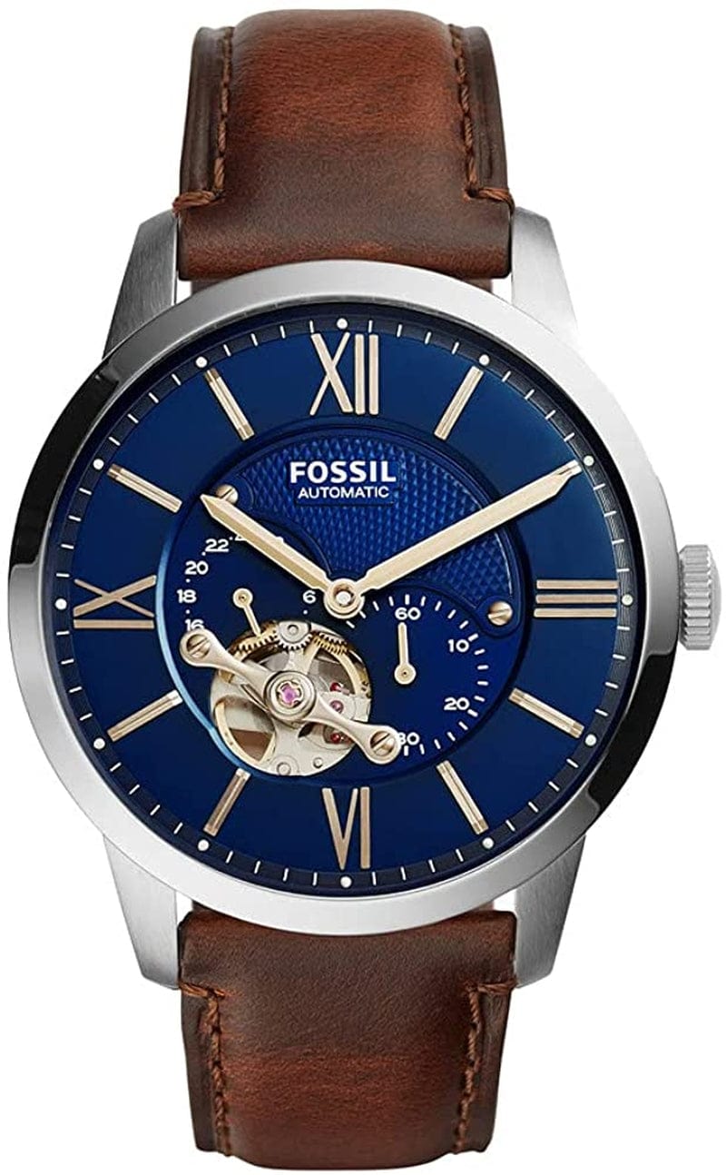 Fossil Men'S Townsman Stainless Steel Mechanical Automatic Watch Silver/Blue, Cognac